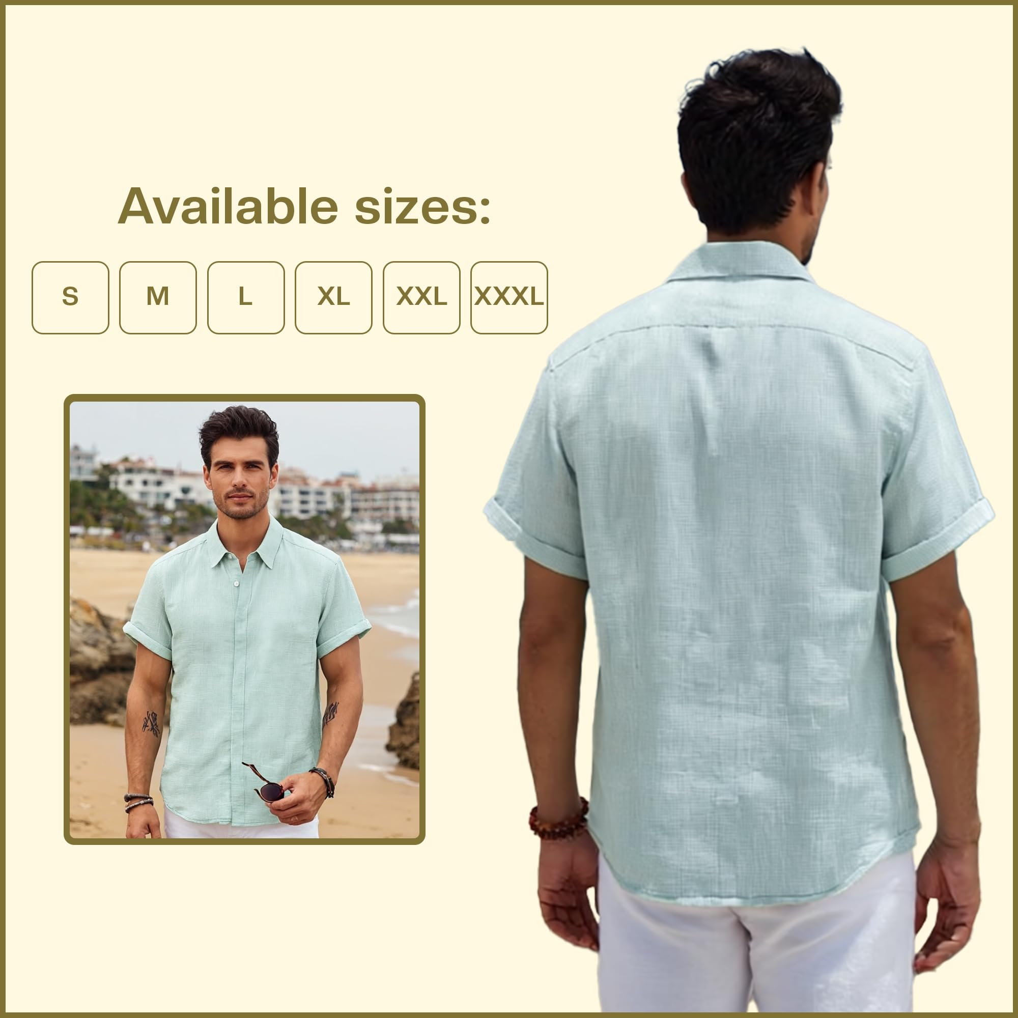 Linen Cotton Button Down Shirt for Men - Men Shirts Short Sleeve - Men's Shirt for Beach Wear - Mens Summer Wear - Aqua - (3XL)