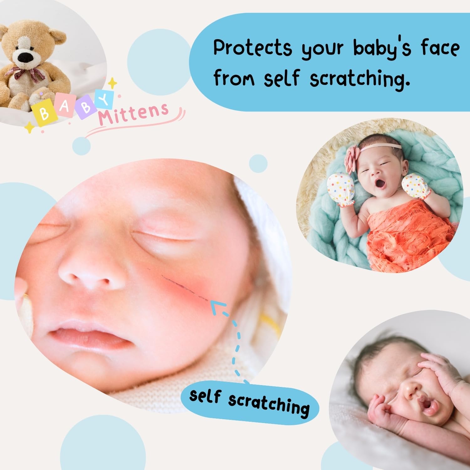 RATIVE Baby Mittens Gloves No Scratch Organic Cotton for Newborn 0-6 Months Baby Essentials Must Haves for Boys Girls (6 Pairs/g46)