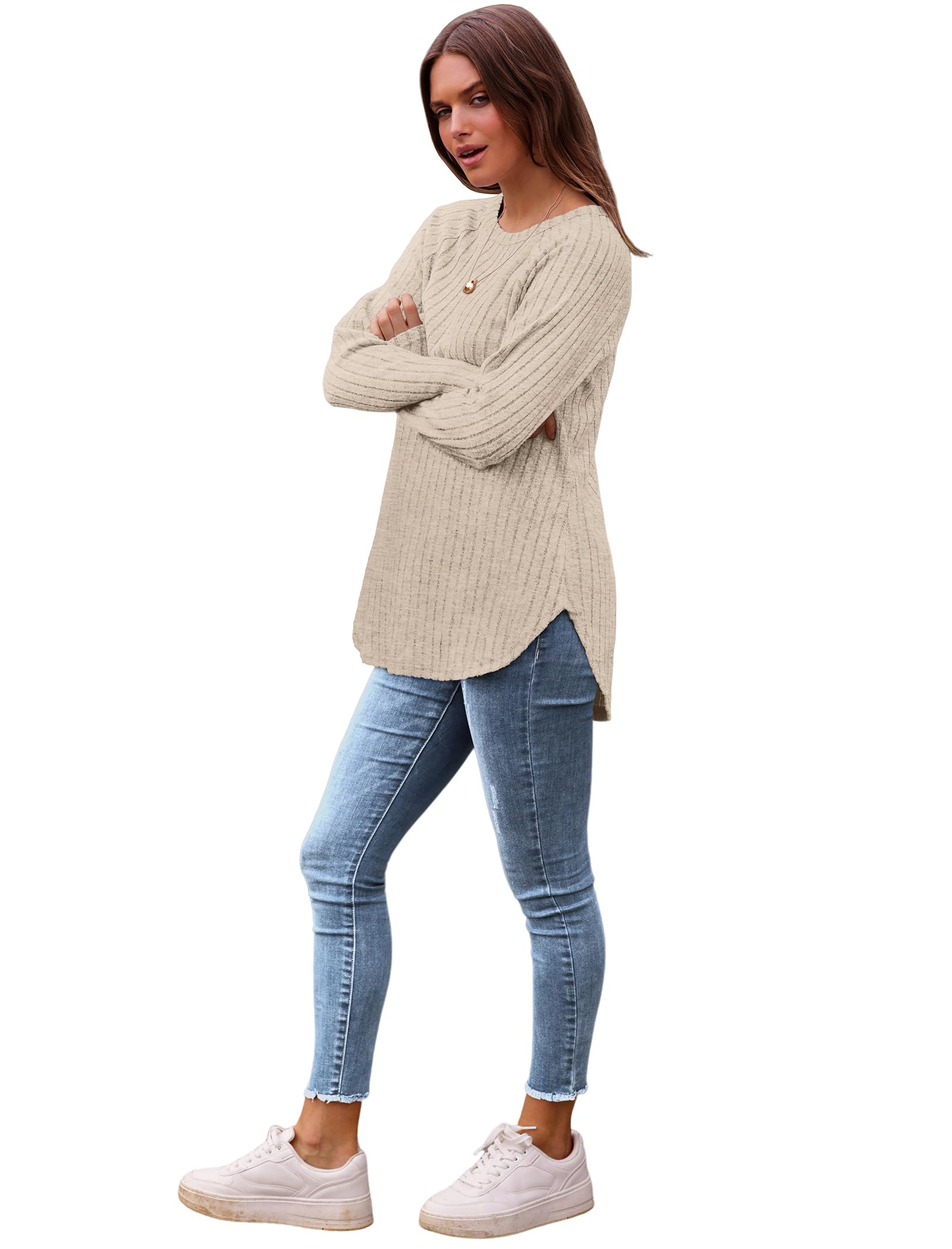 Saloogoe Long Sleeve Shirts for Women Tunic Tops Loose Dressy Casual Sweaters Fall Clothes 2025 Winter Clothing Khaki L