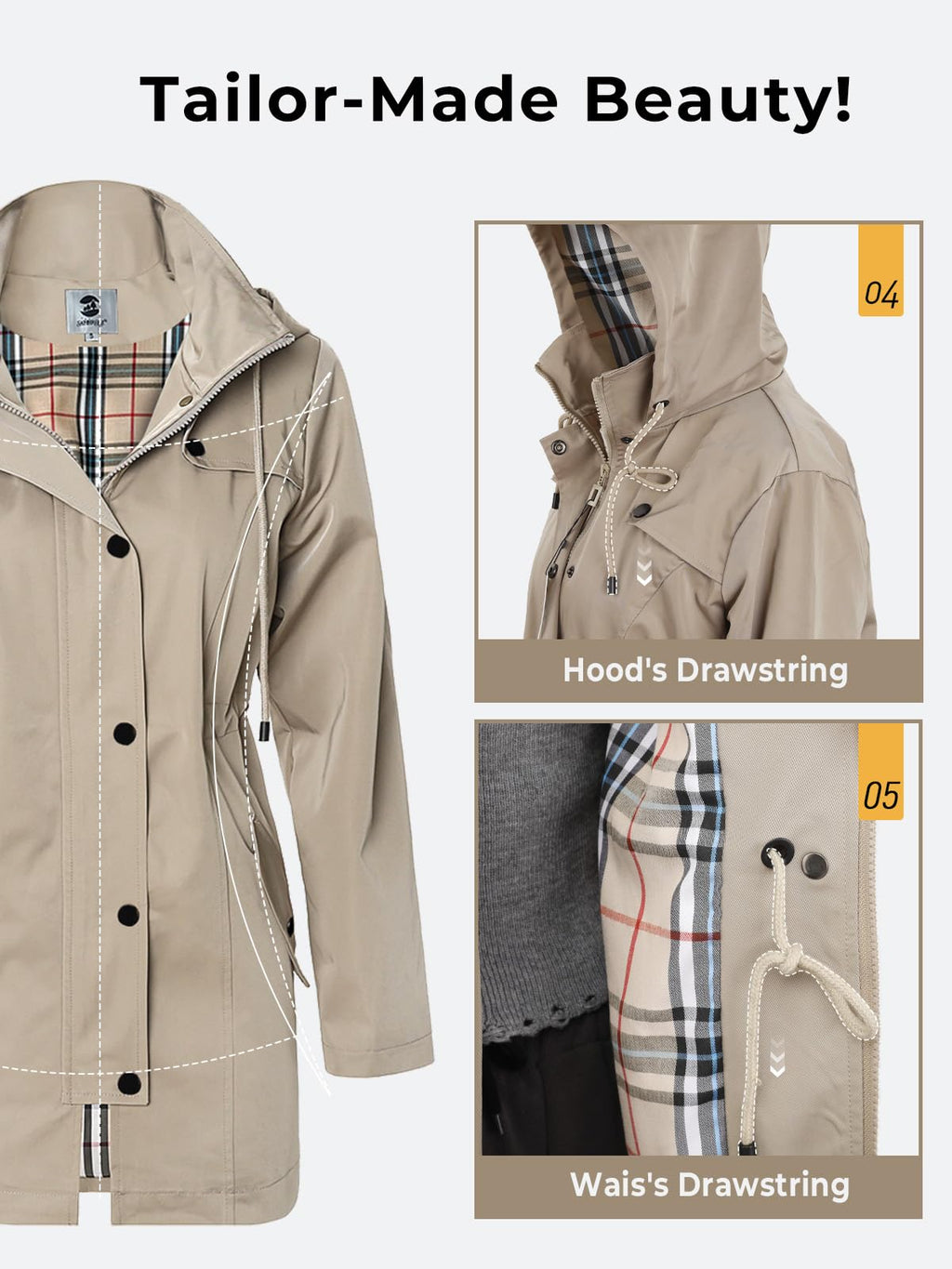 SaphiRose Women's Long Hooded Rain Jacket Outdoor Raincoat Windbreaker(Khaki,Medium)