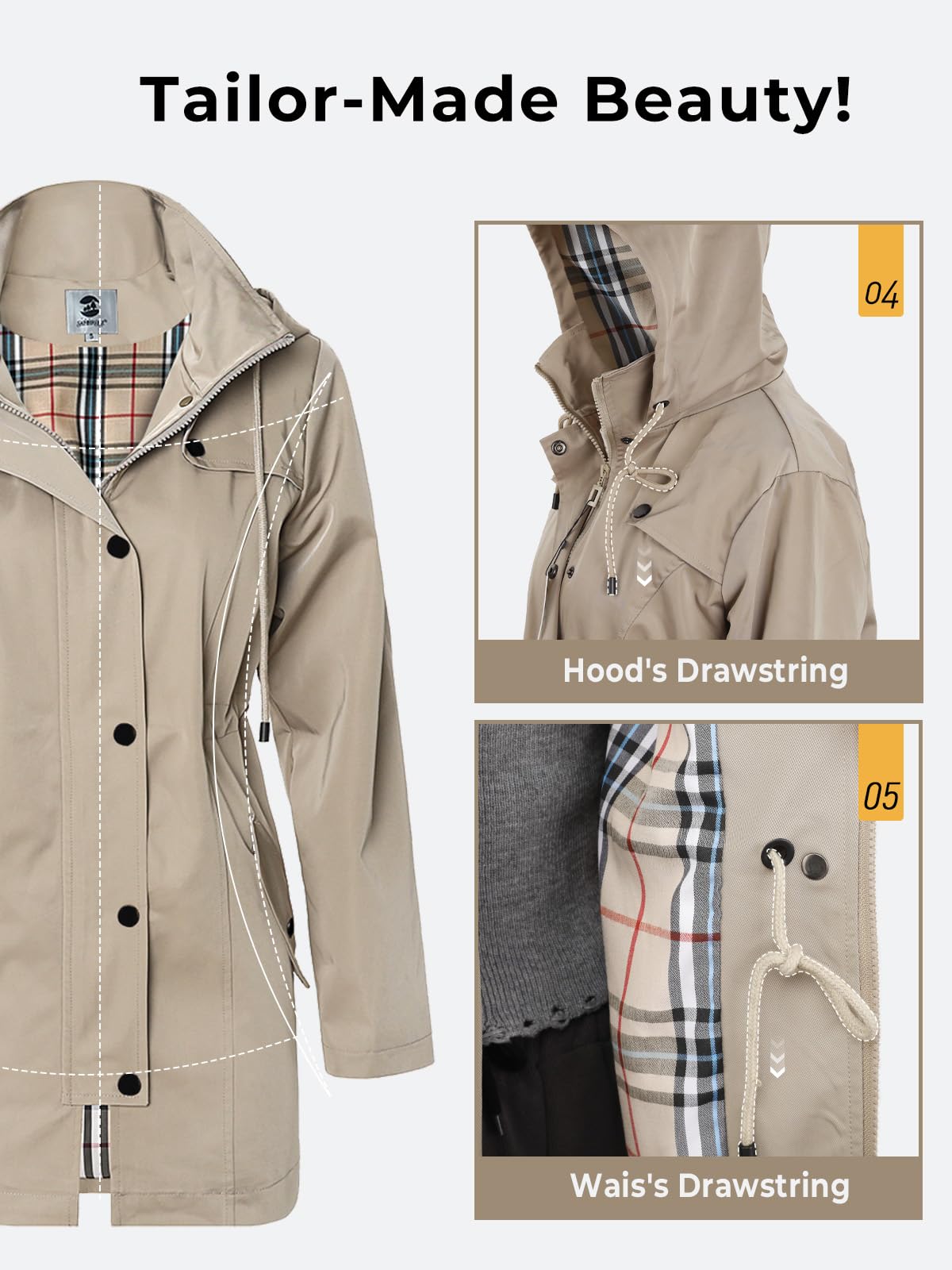 SaphiRose Women's Long Hooded Rain Jacket Outdoor Raincoat Windbreaker(Khaki,Medium)