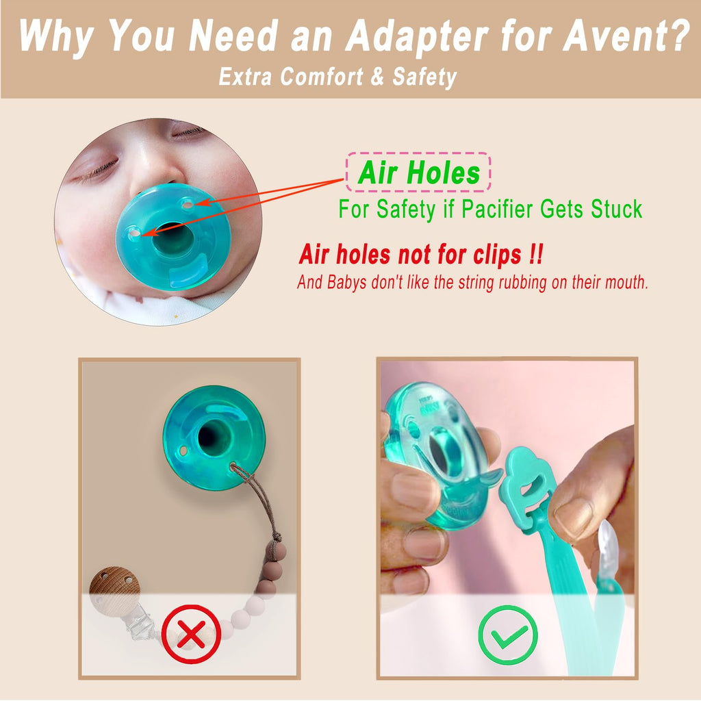 Silicone Pacifier Clip with Adapter Ring for Philips Avent Soothie, 2 Pack One-Piece Soft Binky Clips Holder for Baby Boys Girls, Newborn Baby Essentials for Teething Relief Toys Baby Shower