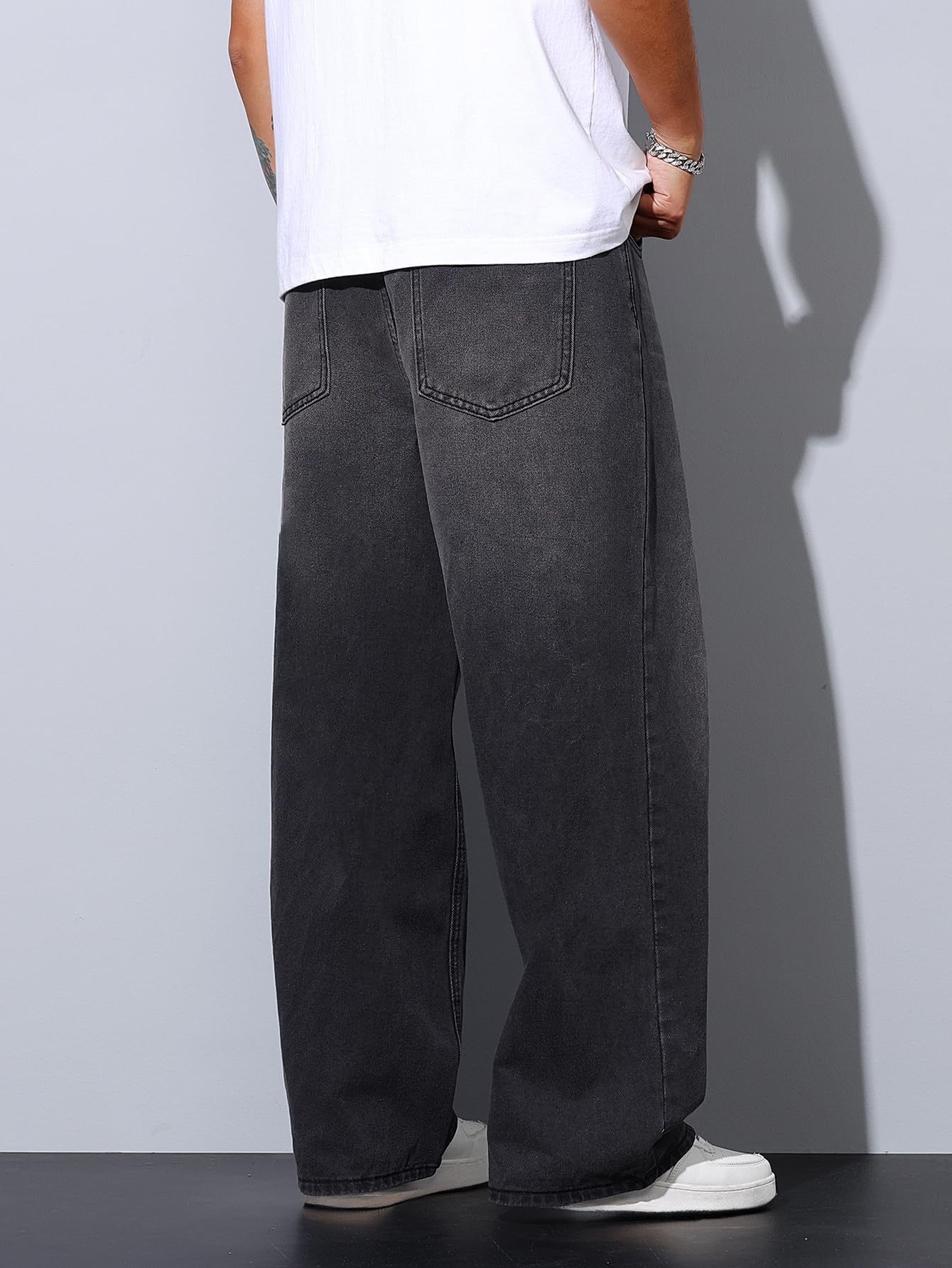 QGRSWBC Men's Baggy Jeans Wide Leg Hip Hop Pants Vintage Loose Fit Trousers Streetwear Dark Gray L