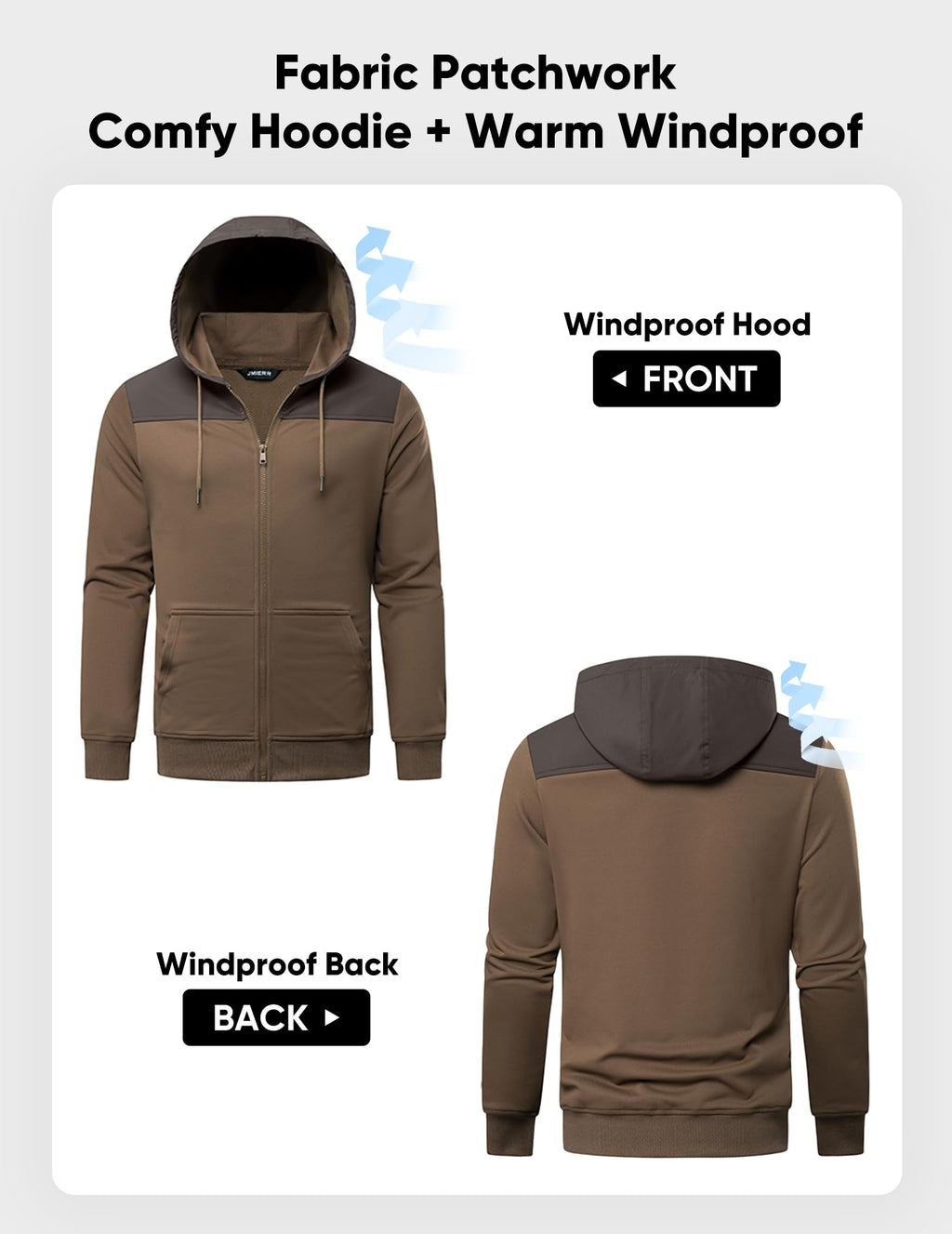 JMIERR Men's Casual Full Zip Up Hoodie 2025 Drawstring Hiking Fall Windproof Jacket with Pockets Long Sleeve, XL, Brown