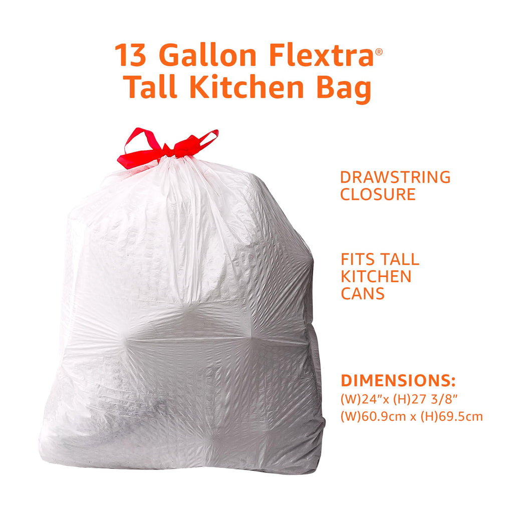 Amazon Basics Flextra Tall Kitchen Drawstring Trash Bags, 13 Gallon, 120 Count