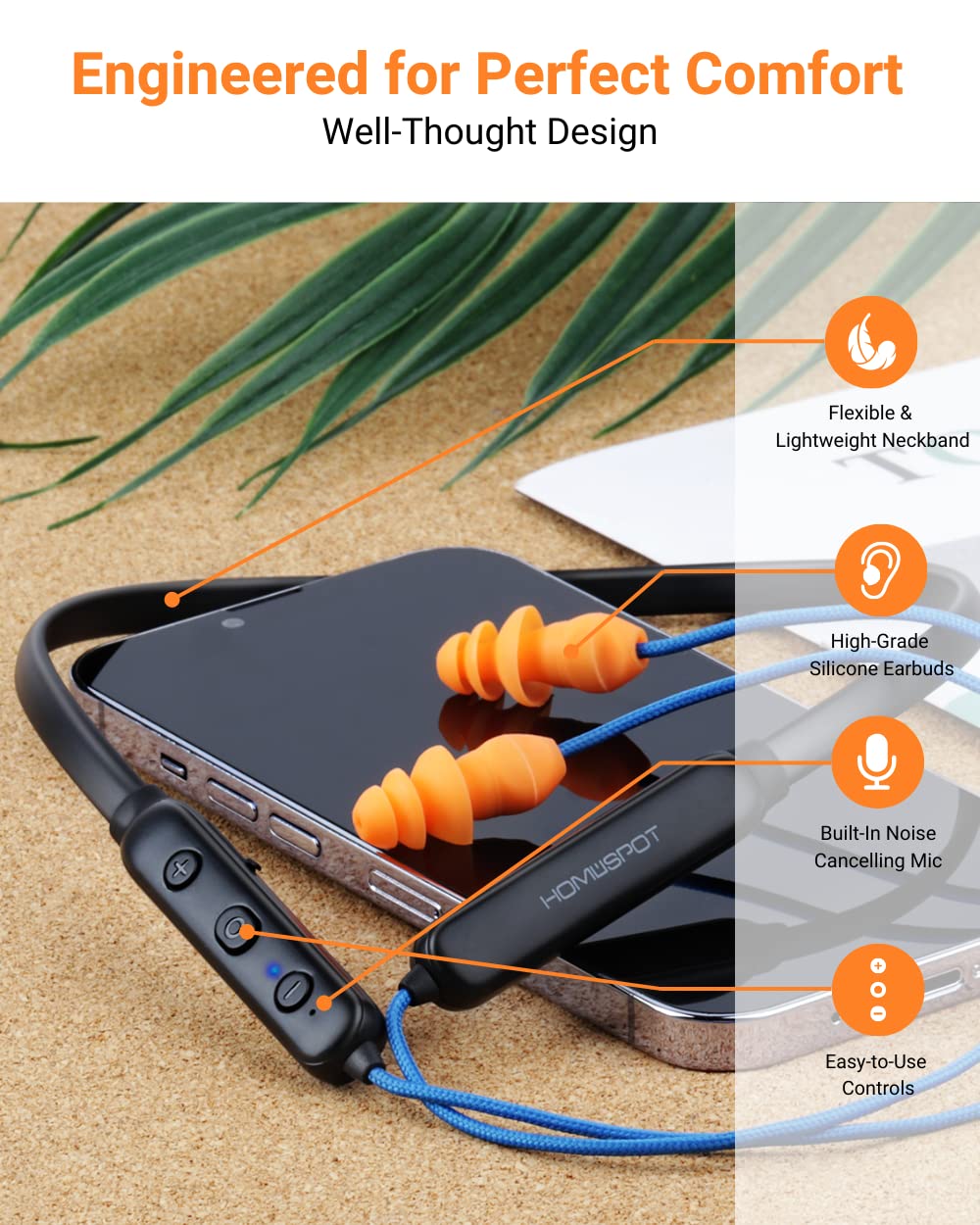 HomeSpot Noise Reduction Wireless Neckband Headphones with Qualcomm aptX HD, 27dB NRR, CVC Noise Cancelling Mic & Controls and 20H Playtime for Work Safety OSHA Compliant - Blue Wire Orange Earbuds