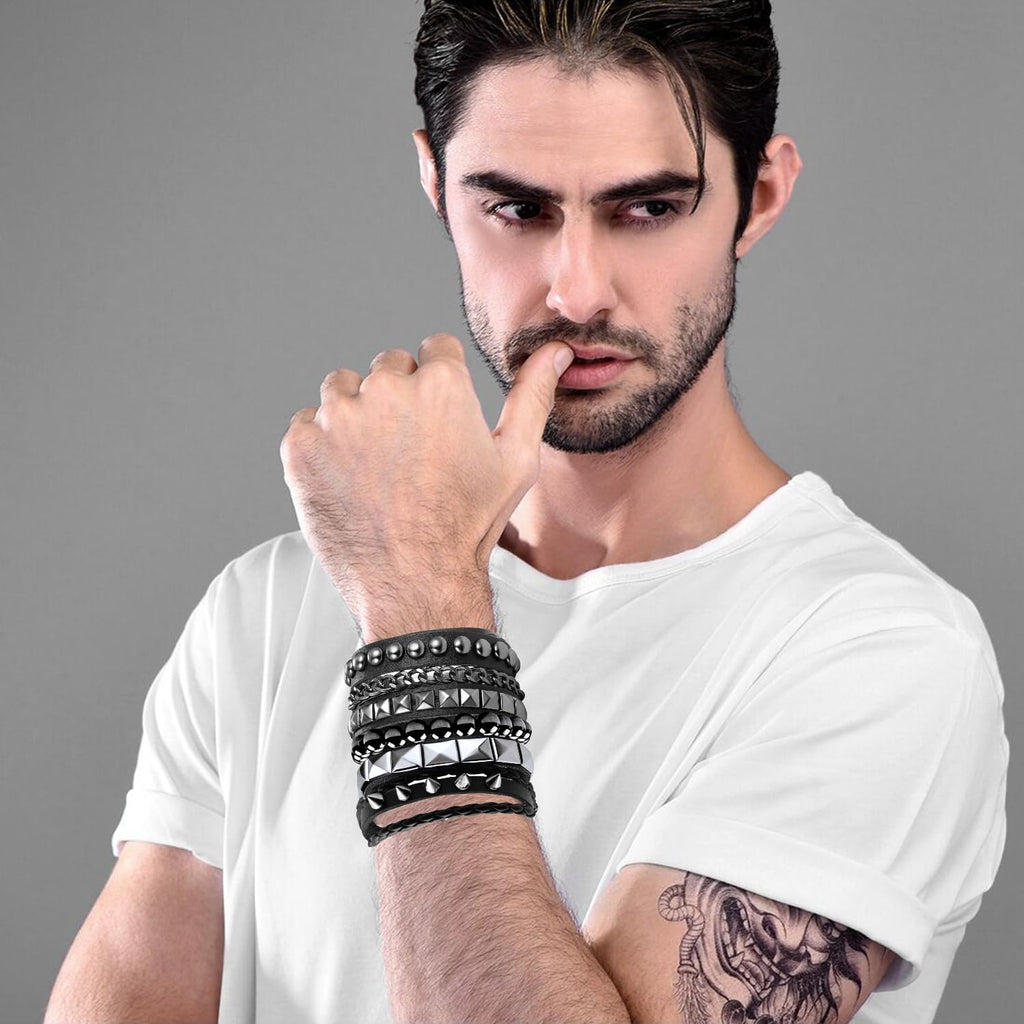 Ulekuke 4 Pcs Punk Rock Leather Studded Bracelets for Men Women 80s Gothic Spike Cuff Bracelet Set Emo Accessories for Rocker Outfits(BKQ-SR)