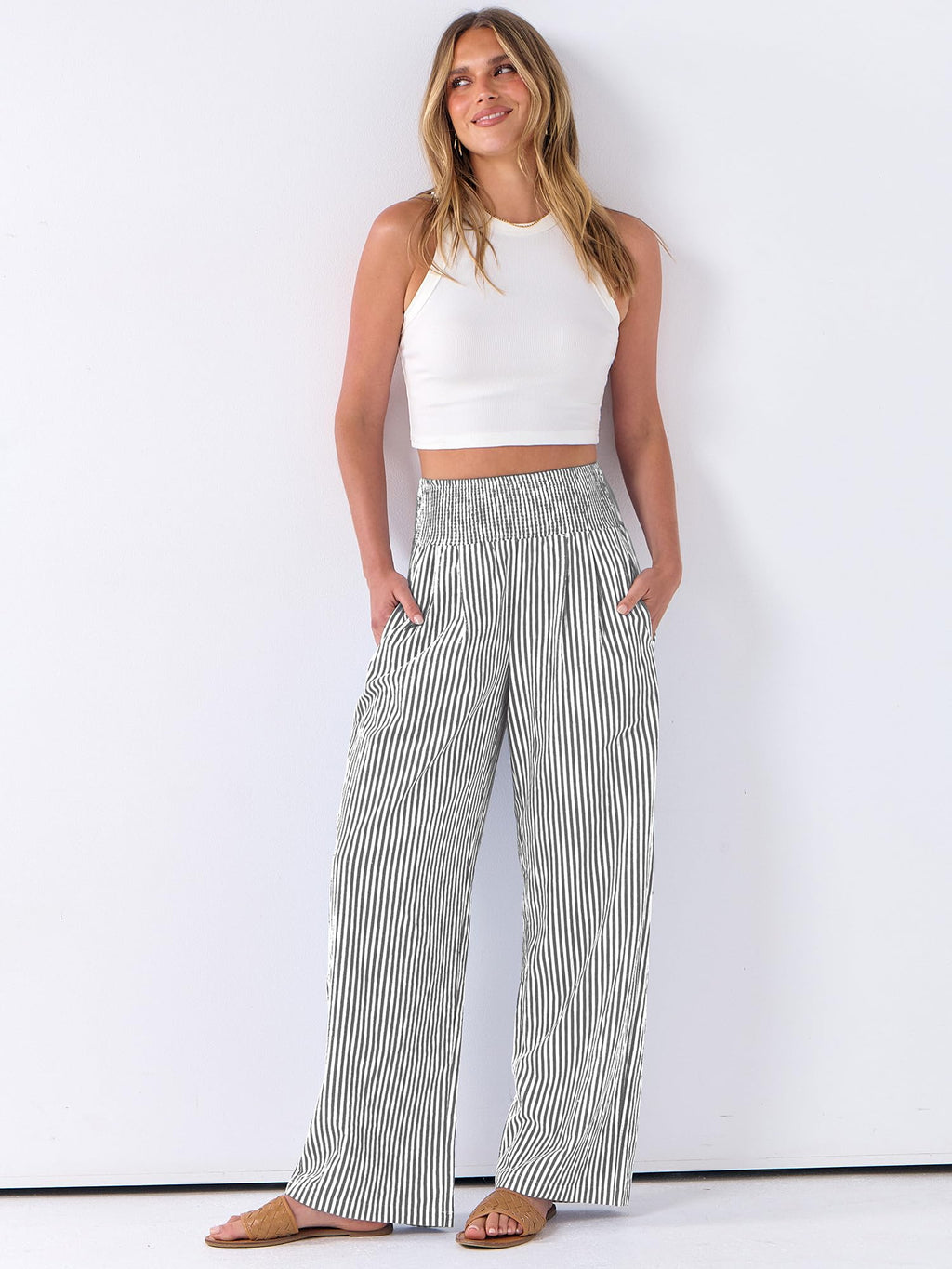 ANRABESS Womens Striped Gingham Palazzo Pants Wide Leg High Waisted Lounge Pajama Pants Cute Casual Trousers with Pockets Black White Stripe Medium