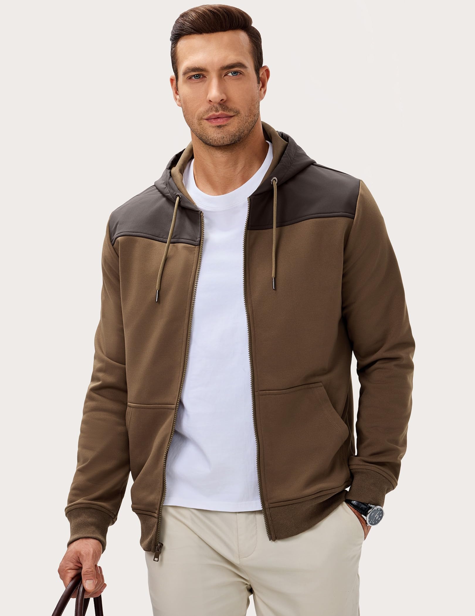 JMIERR Men's Casual Full Zip Up Hoodie 2025 Drawstring Hiking Fall Windproof Jacket with Pockets Long Sleeve, XL, Brown