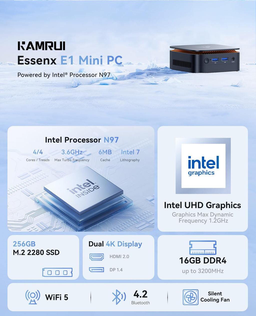KAMRUI Essenx E1 Mini PC Computer with N97 Processor, 16GB DDR4 RAM 256GB M.2 SSD, Mini Desktop Computer Support Dual 4K, WiFi, Bluetooth, Ethernet, HTPC for Business, Education, Home