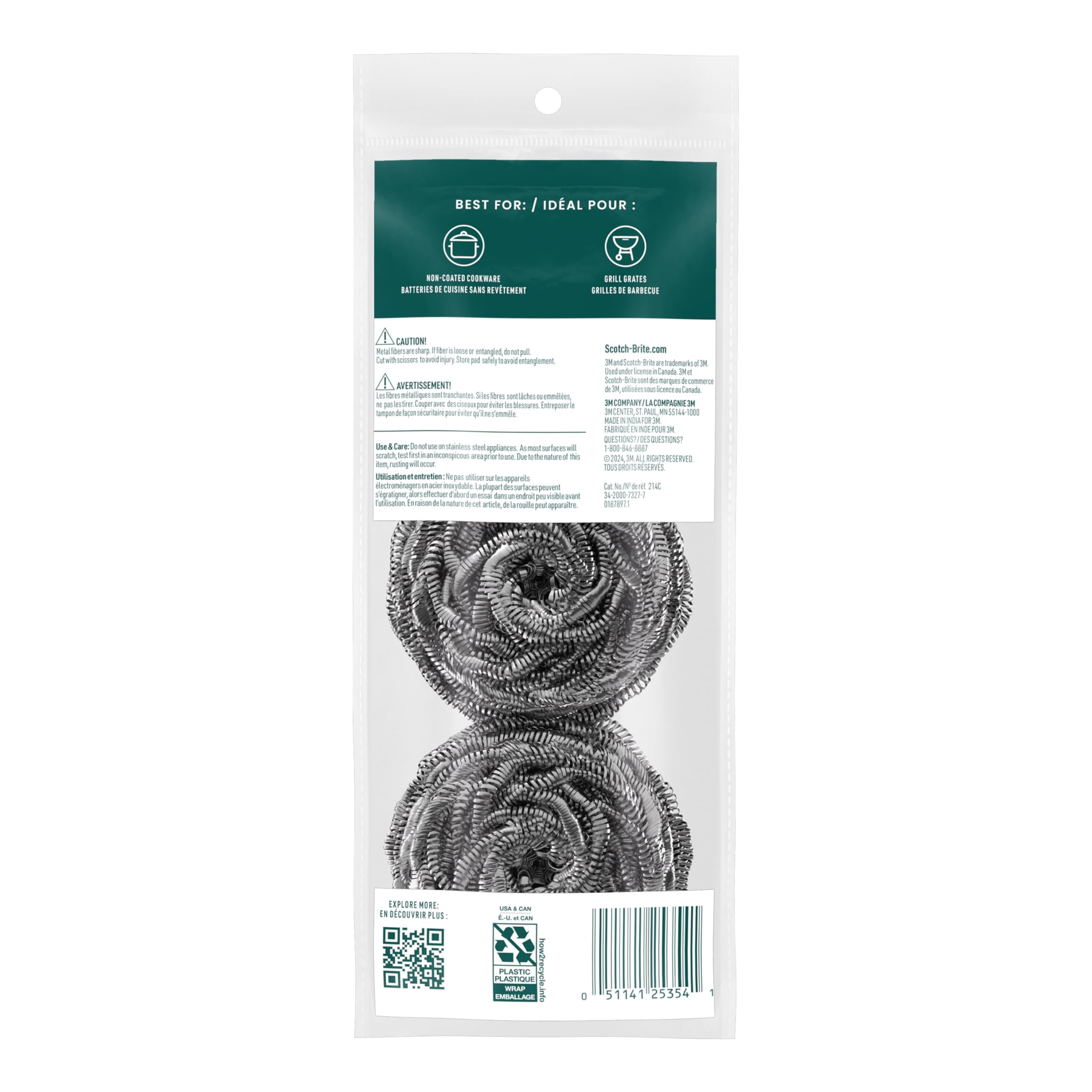 Scotch-Brite Stainless Steel Scrubbers, Scouring Pads for Cleaning Tough Baked-On Messes, Metal Scrubbers for Cleaning Dishes, 3 Scrub Pads