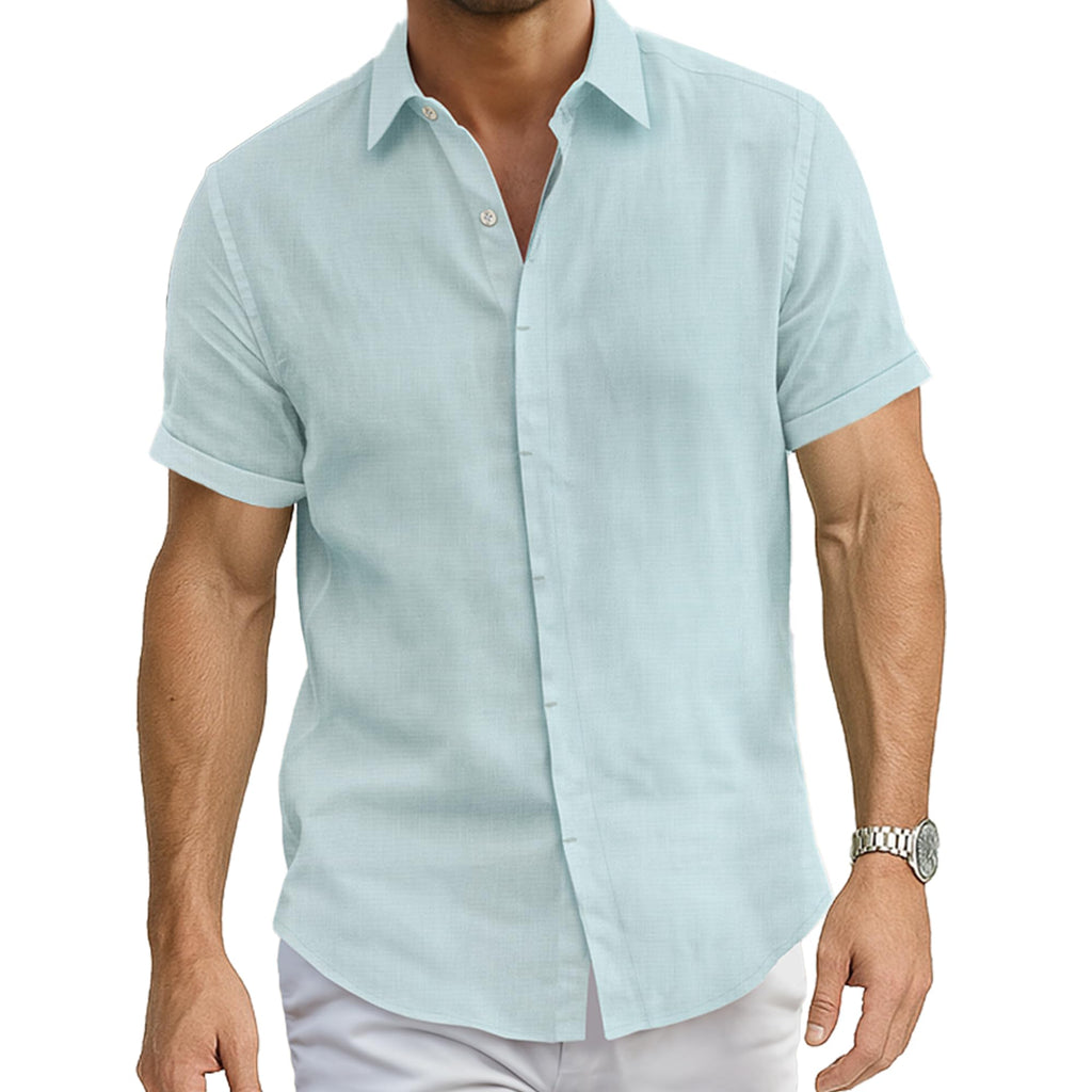 Linen Cotton Button Down Shirt for Men - Men Shirts Short Sleeve - Men's Shirt for Beach Wear - Mens Summer Wear - Aqua - (3XL)