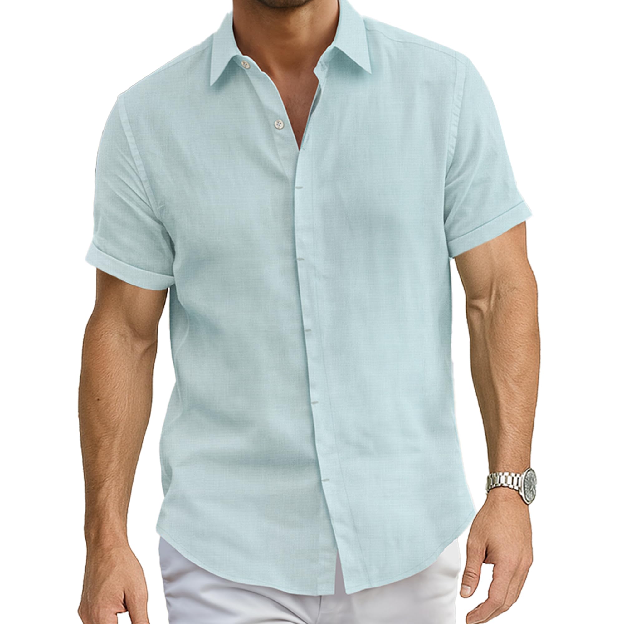 Linen Cotton Button Down Shirt for Men - Men Shirts Short Sleeve - Men's Shirt for Beach Wear - Mens Summer Wear - Aqua - (3XL)