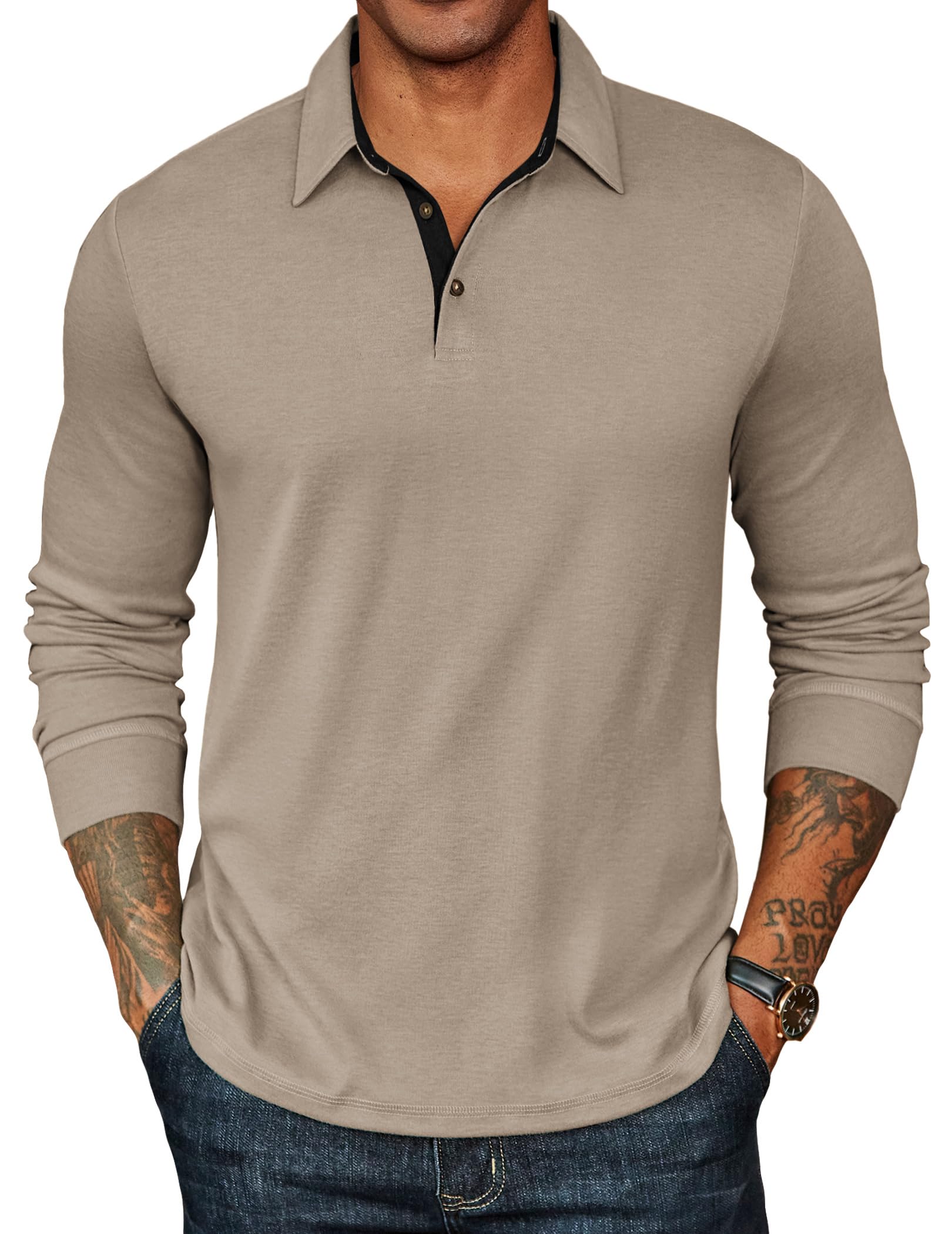 COOFANDY Mens Long Sleeve Polo Shirts Basic Casual Button T-Shirt Lightweight Pullover Shirts Khaki