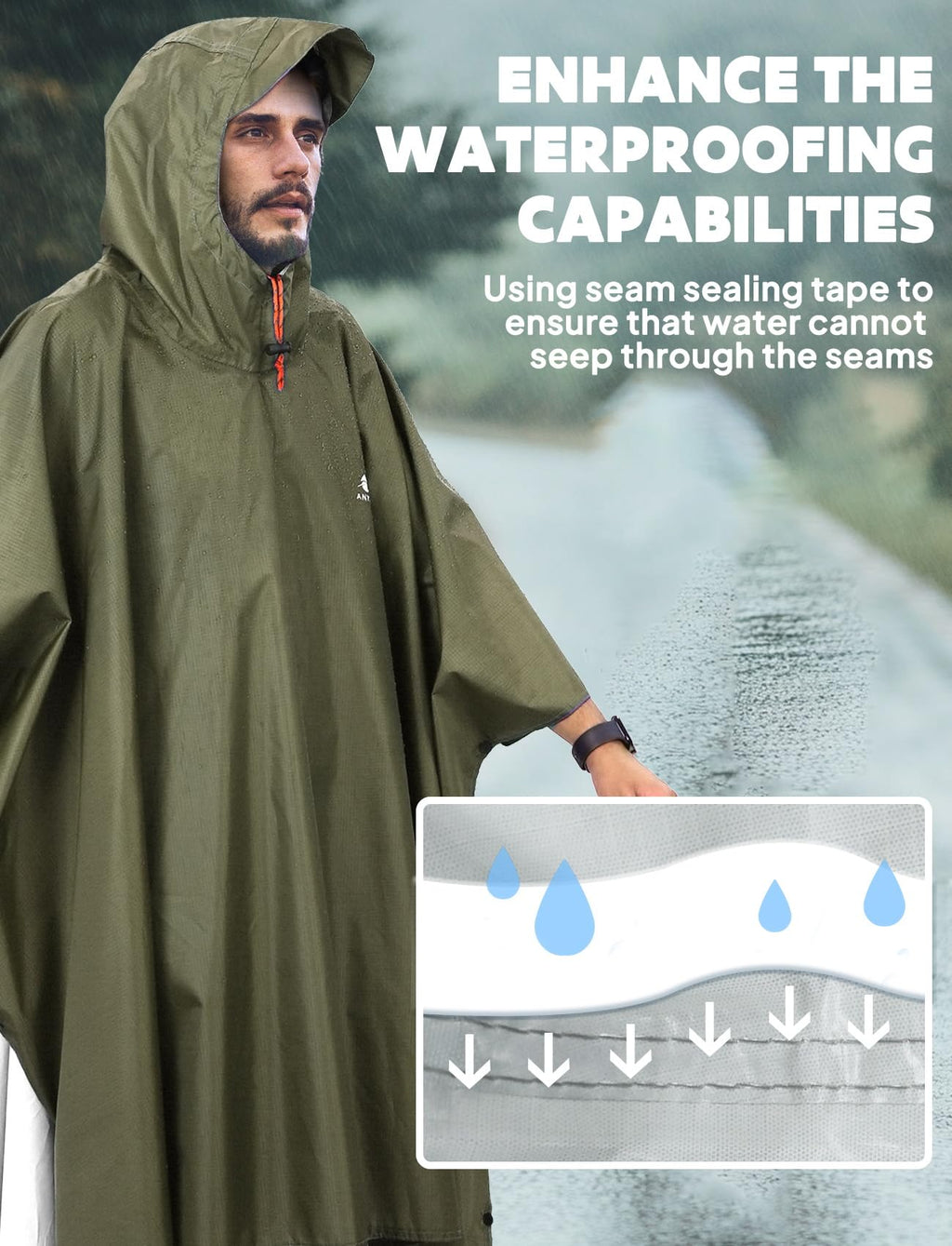 ANYOO Hooded Rain Poncho for Adults Waterproof Lightweight Rain Coats for Men Women Reusable Rain Jacket for Emergency Camping Outdoor Activities(Army Green) One Size