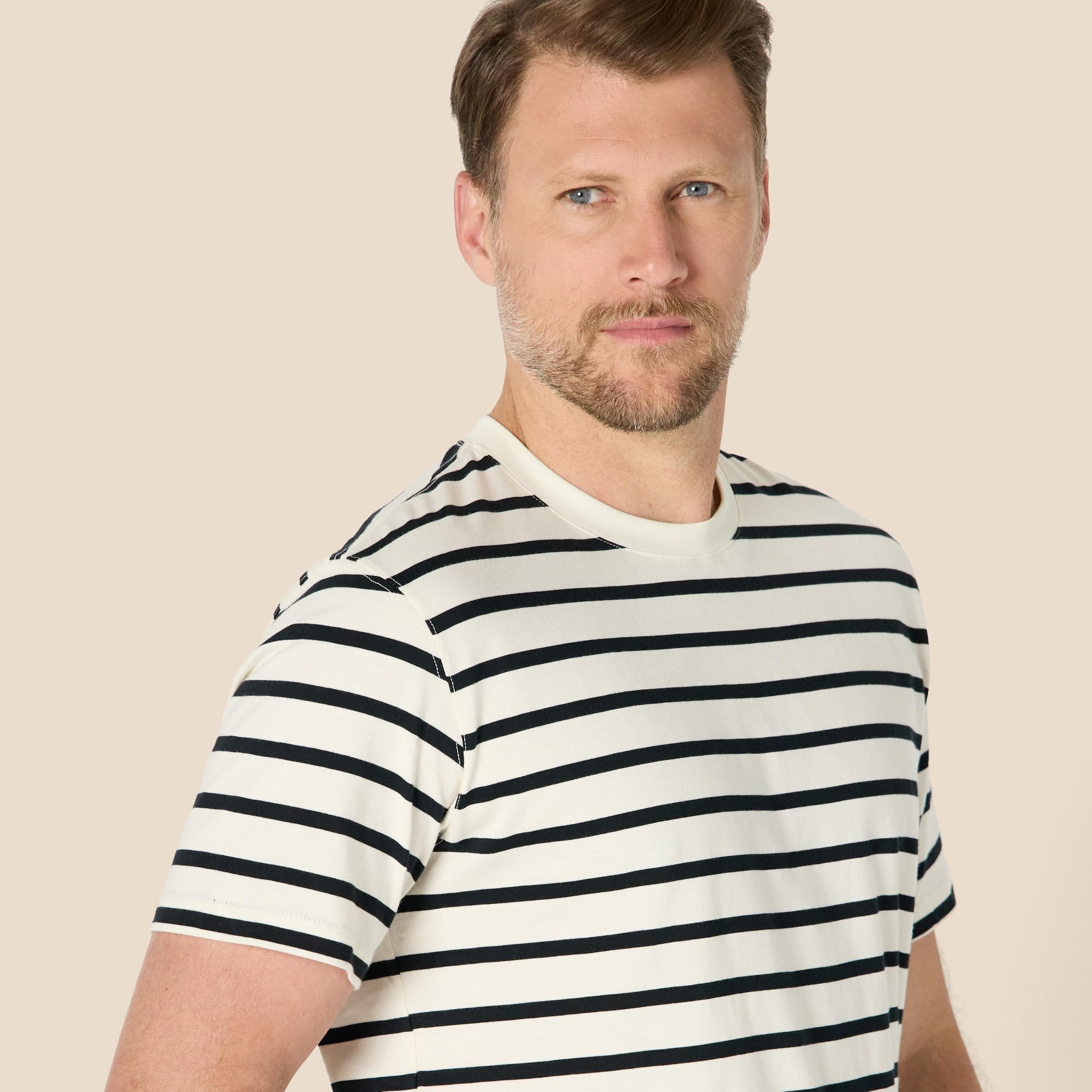 Amazon Essentials Men's Relaxed Fit T-Shirt, Eggshell White Black Mariner Stripe, Large