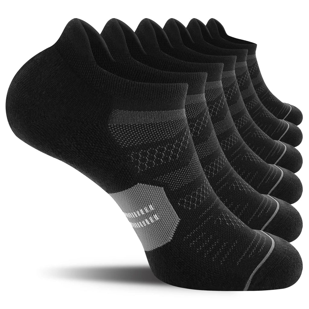 CelerSport 6 Pack Men's Running Ankle Socks with Cushion, Low Cut Athletic Tab Socks, Black + Grey, Large
