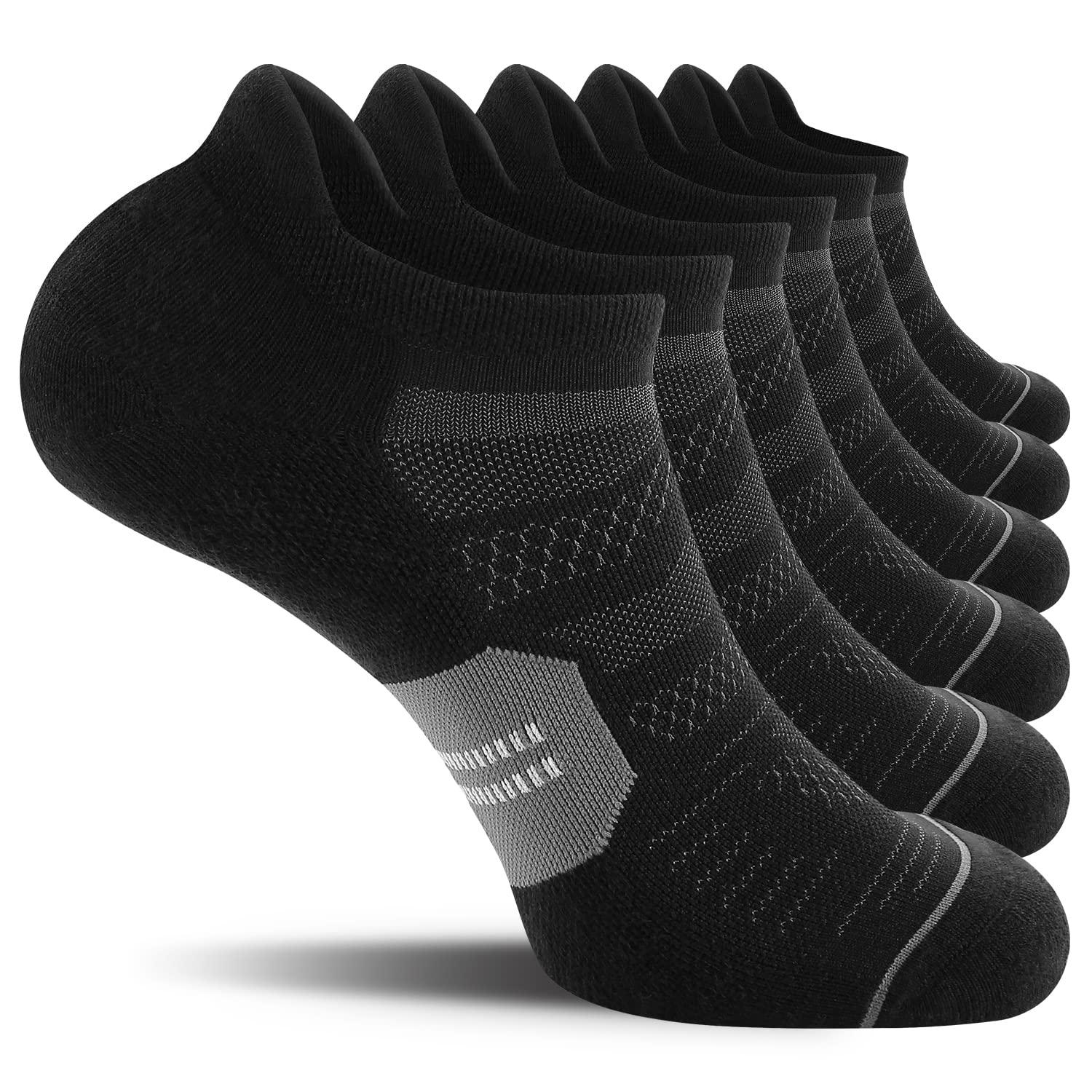 CelerSport 6 Pack Men's Running Ankle Socks with Cushion, Low Cut Athletic Tab Socks, Black + Grey, Large