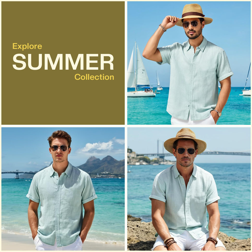 Linen Cotton Button Down Shirt for Men - Men Shirts Short Sleeve - Men's Shirt for Beach Wear - Mens Summer Wear - Aqua - (3XL)