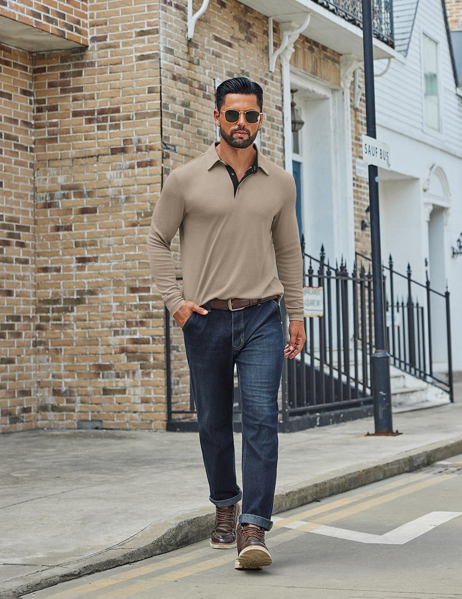 COOFANDY Mens Long Sleeve Polo Shirts Basic Casual Button T-Shirt Lightweight Pullover Shirts Khaki