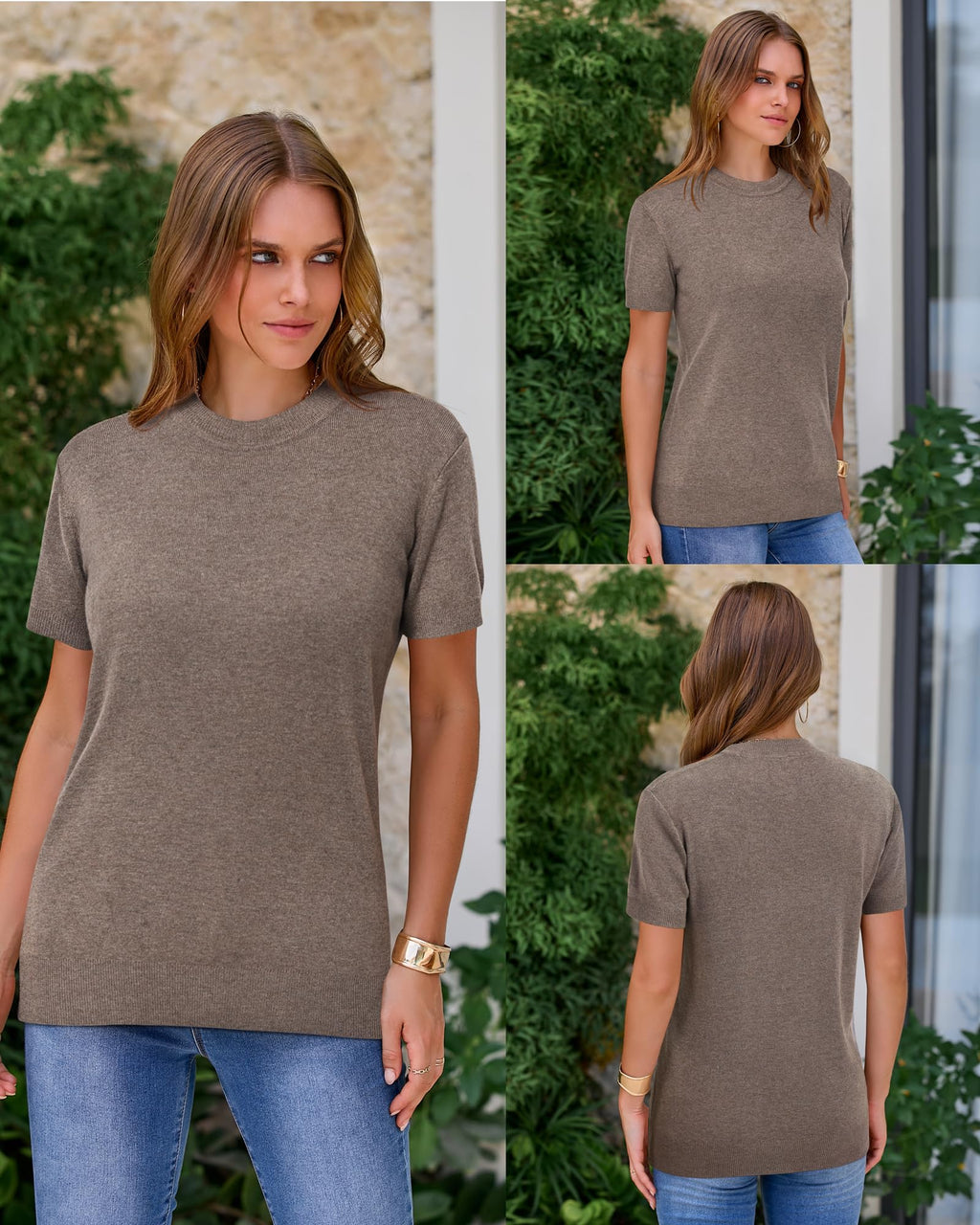 Arach&Cloz Womens Summer Work Formal Halloween Fall Fashion Winter Tops Short Sleeve Sweaters Lightweight Blouses Dressy Casual Business Cloth Outfits White Spring Plus Size Teacher 2025 (Coffee,M)