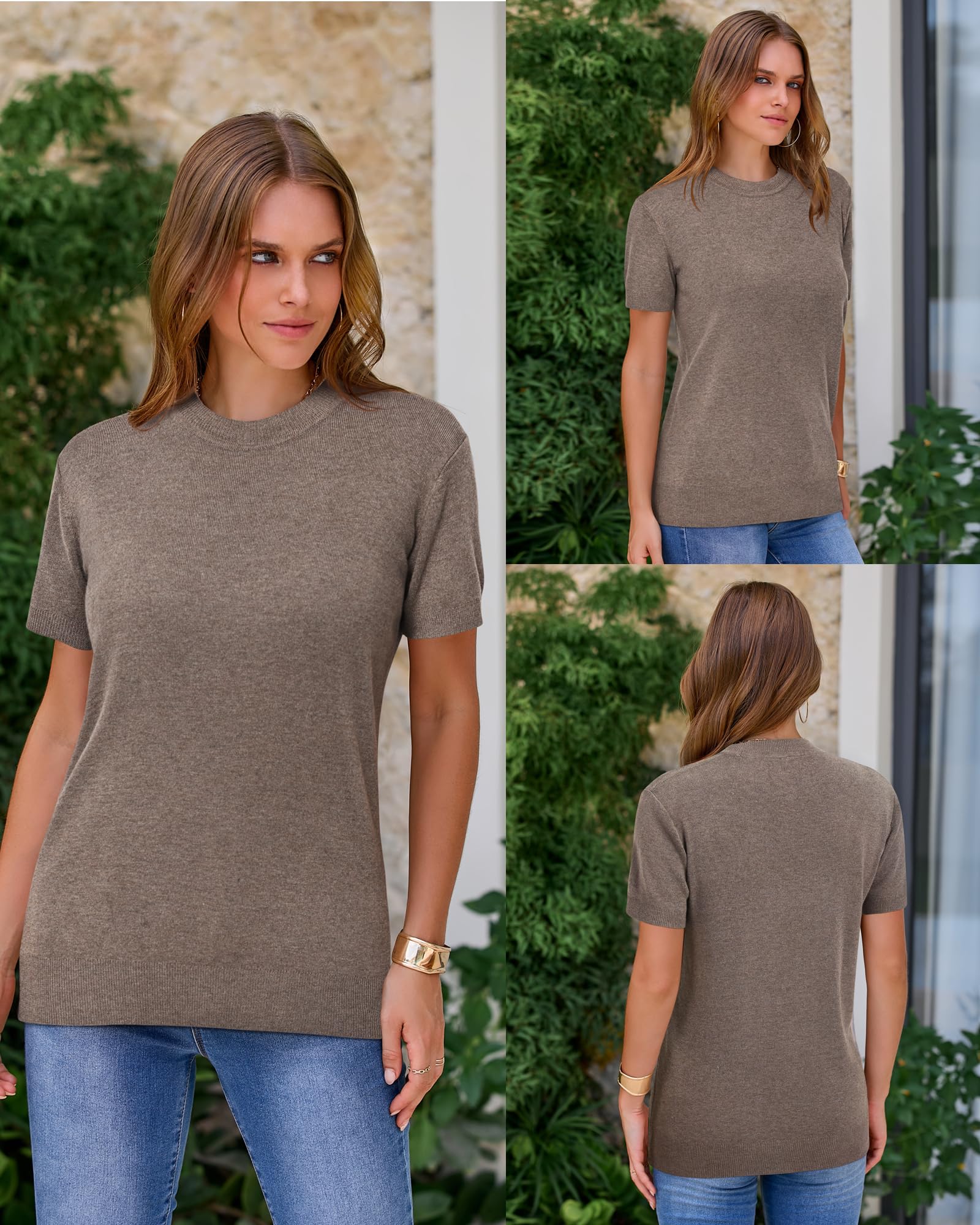 Arach&Cloz Womens Summer Work Formal Halloween Fall Fashion Winter Tops Short Sleeve Sweaters Lightweight Blouses Dressy Casual Business Cloth Outfits White Spring Plus Size Teacher 2025 (Coffee,M)