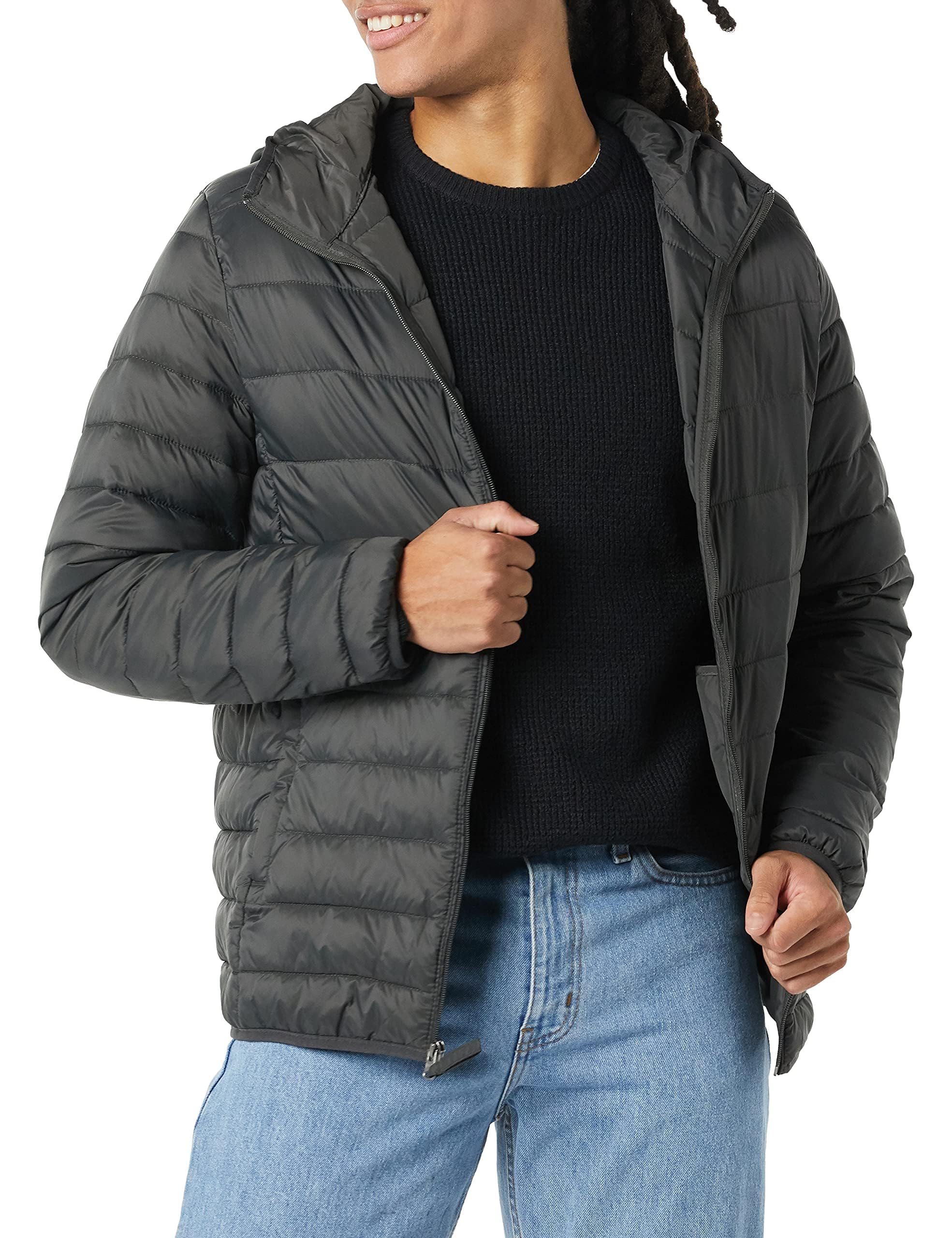 Amazon Essentials Men's Lightweight Water-Resistant Packable Hooded Puffer Jacket, Dark Grey, Large