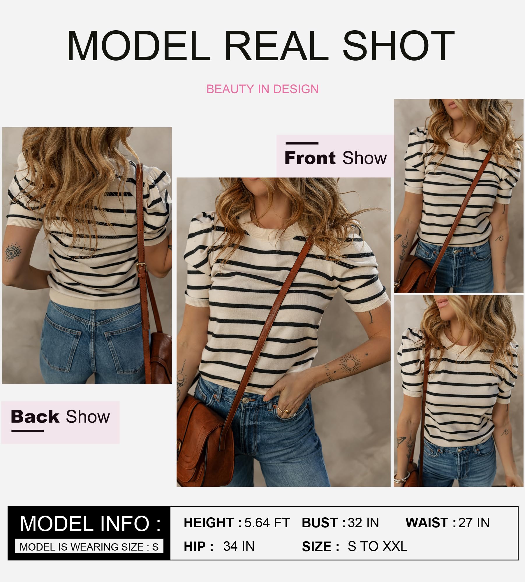 Dokotoo Knit Tops for Women 2025 Trendy Crewneck Casual Black Striped Tops Puff Sleeve Slim Fit Summer Blouses Color Block T Shirts Business Outfits Small