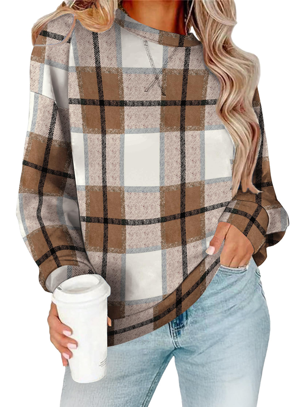 RUMIA Sweatshirt for Women Fall Fashion Clothes Crewneck Fall Outfits Tops for Women 2025 Ladies Pullover Long Sleeve T Shirts Trendy Beige Plaid M