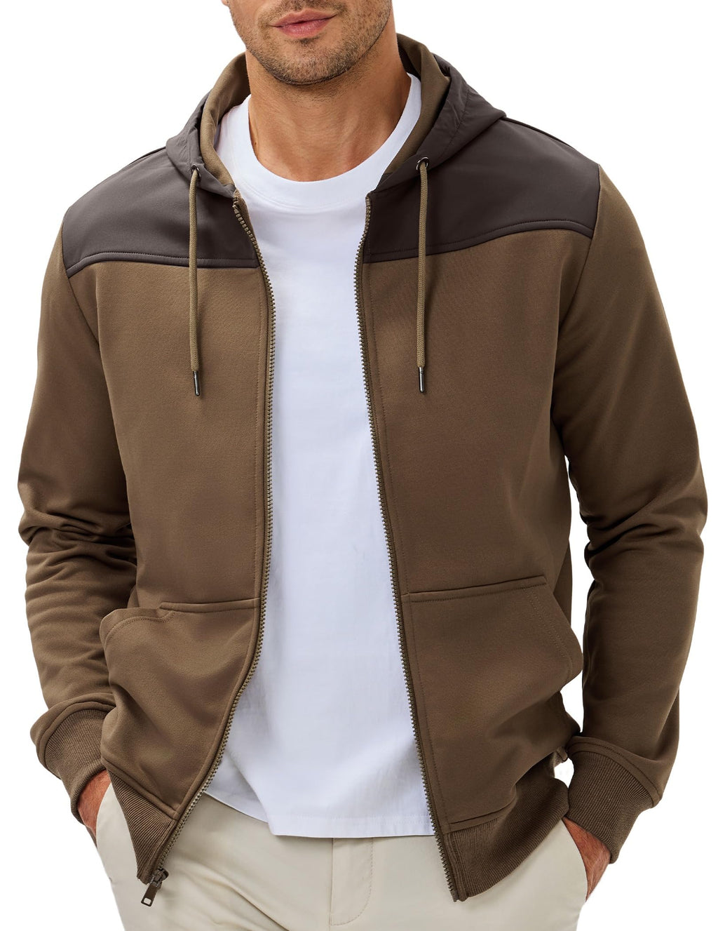 JMIERR Men's Casual Full Zip Up Hoodie 2025 Drawstring Hiking Fall Windproof Jacket with Pockets Long Sleeve, XL, Brown