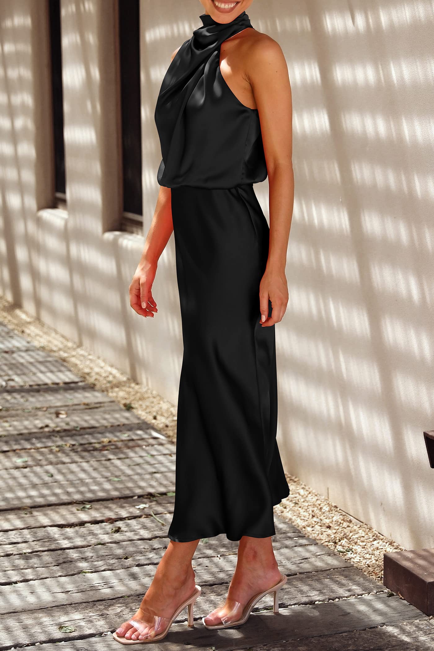 PRETTYGARDEN Women's 2025 Summer Satin Dress Elegant Sleeveless Mock Neck Cocktail Party Maxi Dresses (Black,Medium)