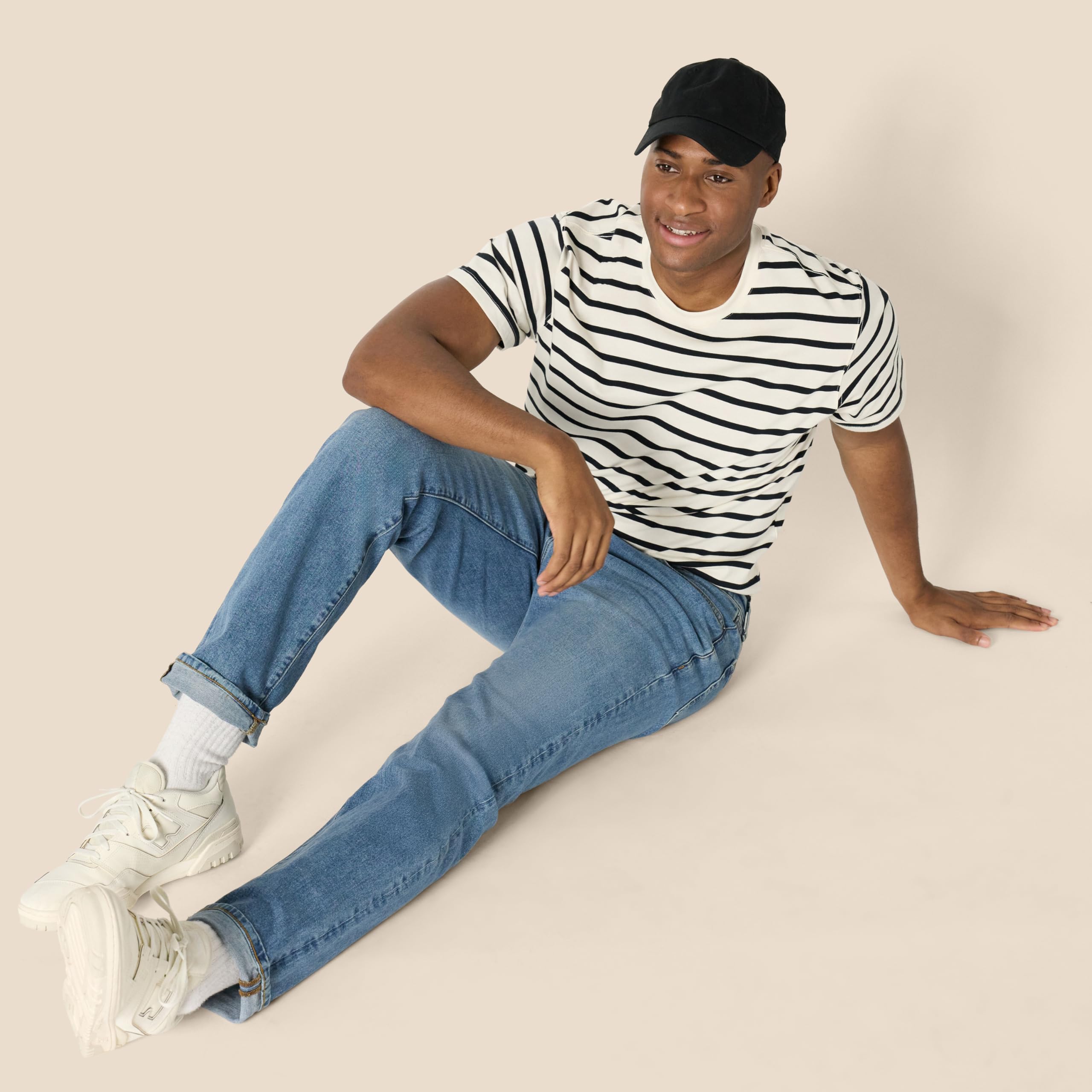 Amazon Essentials Men's Relaxed Fit T-Shirt, Eggshell White Black Mariner Stripe, Large