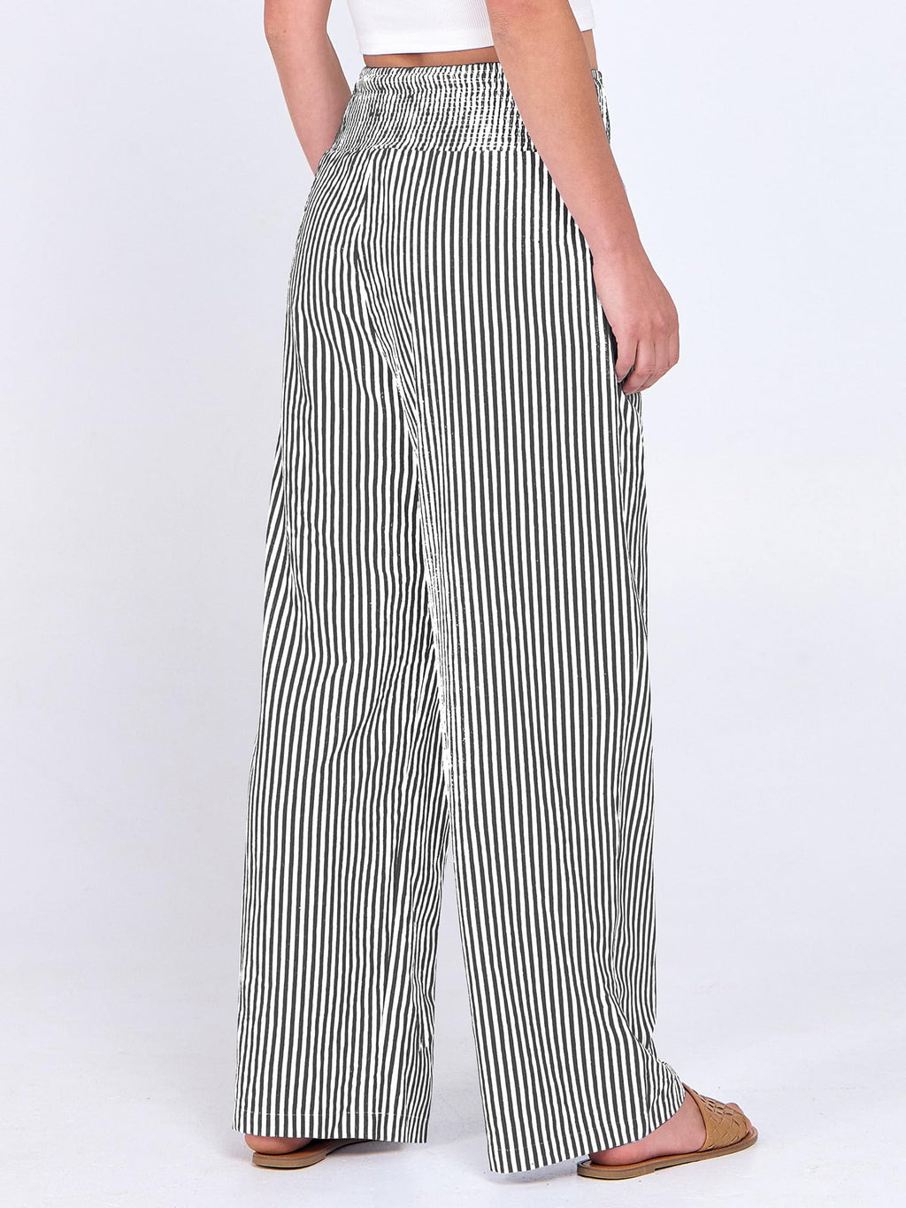 ANRABESS Womens Striped Gingham Palazzo Pants Wide Leg High Waisted Lounge Pajama Pants Cute Casual Trousers with Pockets Black White Stripe Medium