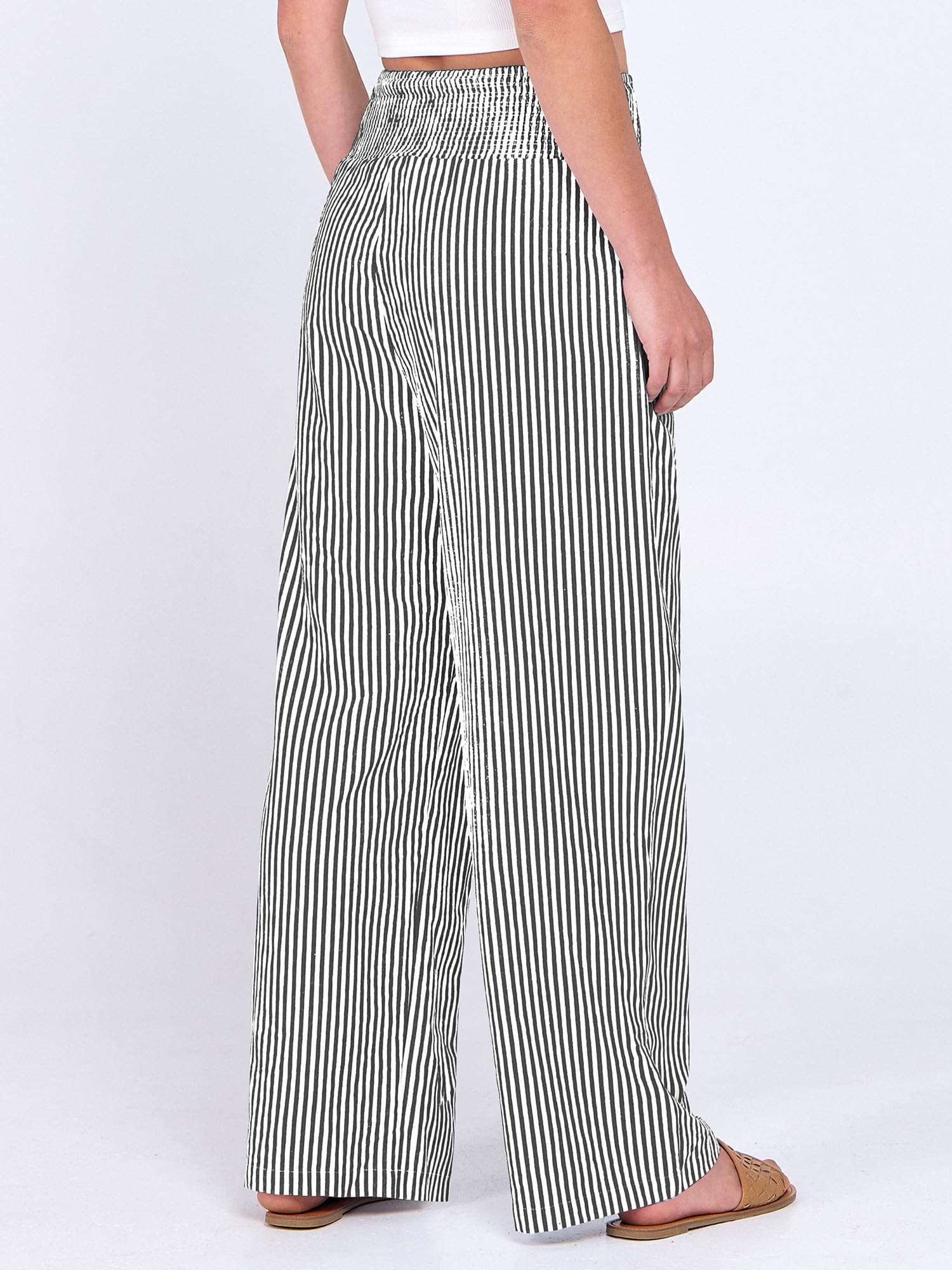 ANRABESS Womens Striped Gingham Palazzo Pants Wide Leg High Waisted Lounge Pajama Pants Cute Casual Trousers with Pockets Black White Stripe Medium