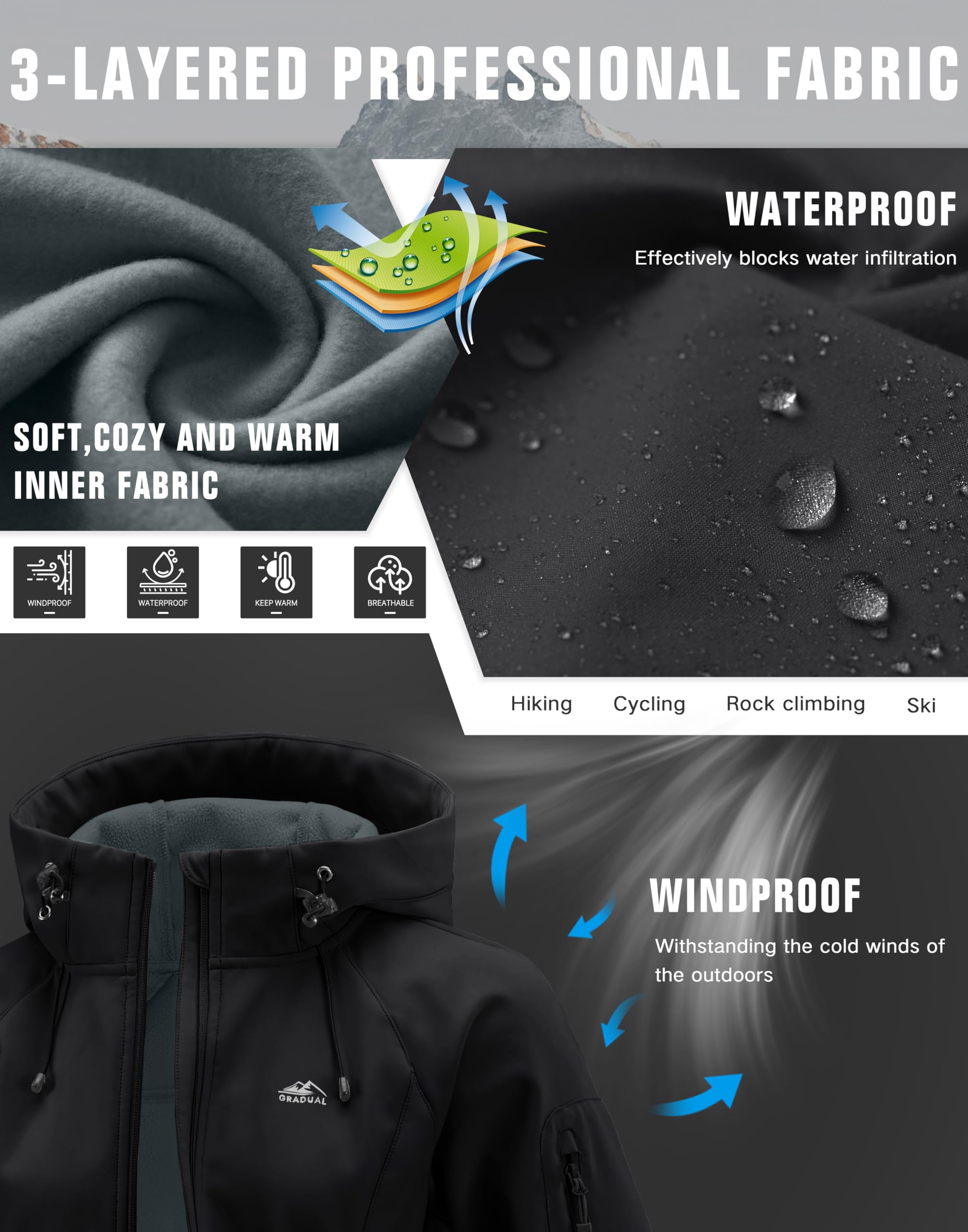 G Gradual Women's Fleece Lined Softshell Jacket Windproof Warm Light Waterproof Hooded Jacket for Women Winter/Fall/Spring