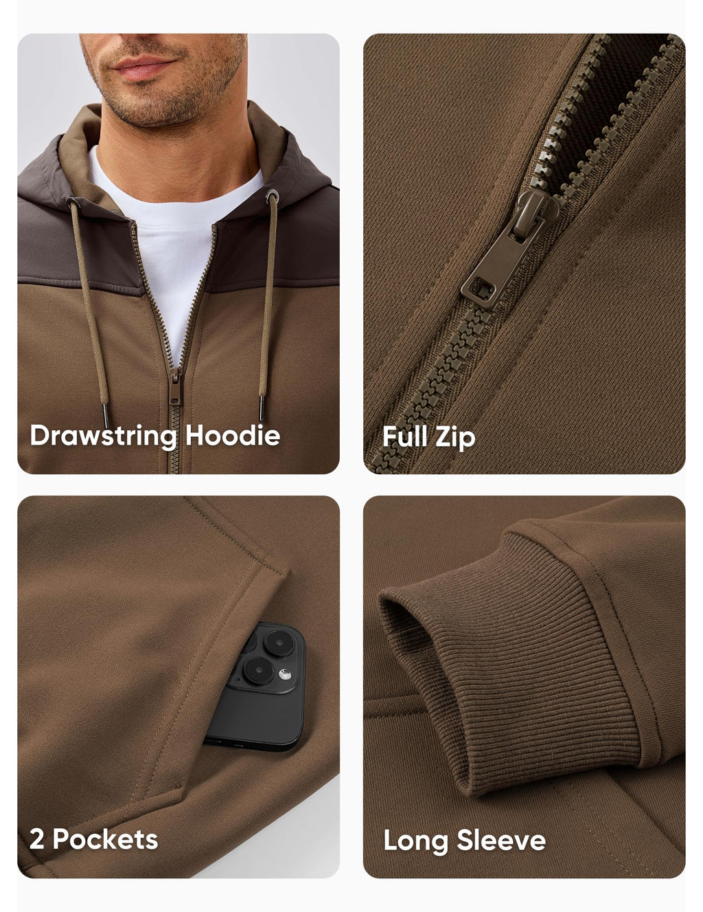 JMIERR Men's Casual Full Zip Up Hoodie 2025 Drawstring Hiking Fall Windproof Jacket with Pockets Long Sleeve, XL, Brown