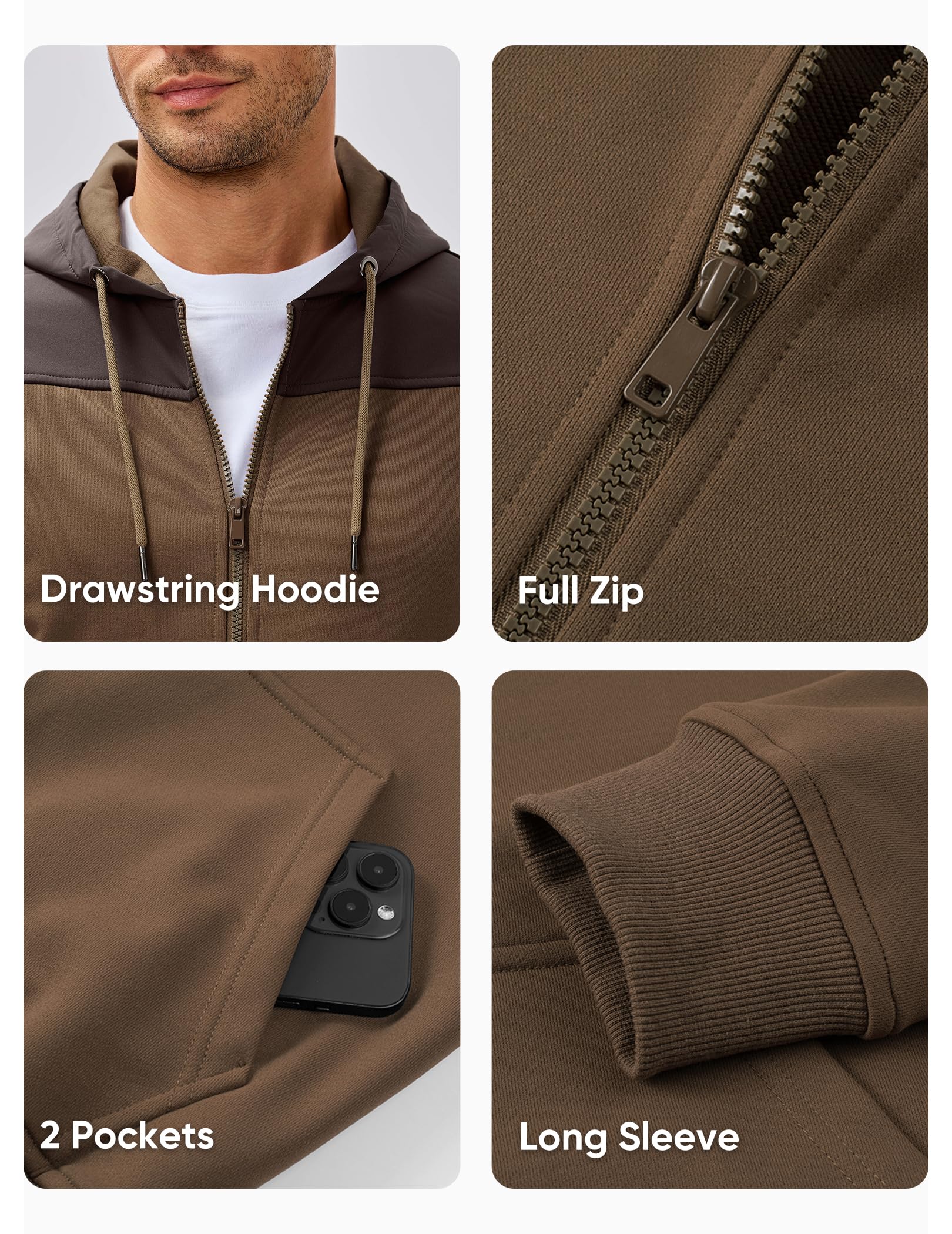 JMIERR Men's Casual Full Zip Up Hoodie 2025 Drawstring Hiking Fall Windproof Jacket with Pockets Long Sleeve, XL, Brown