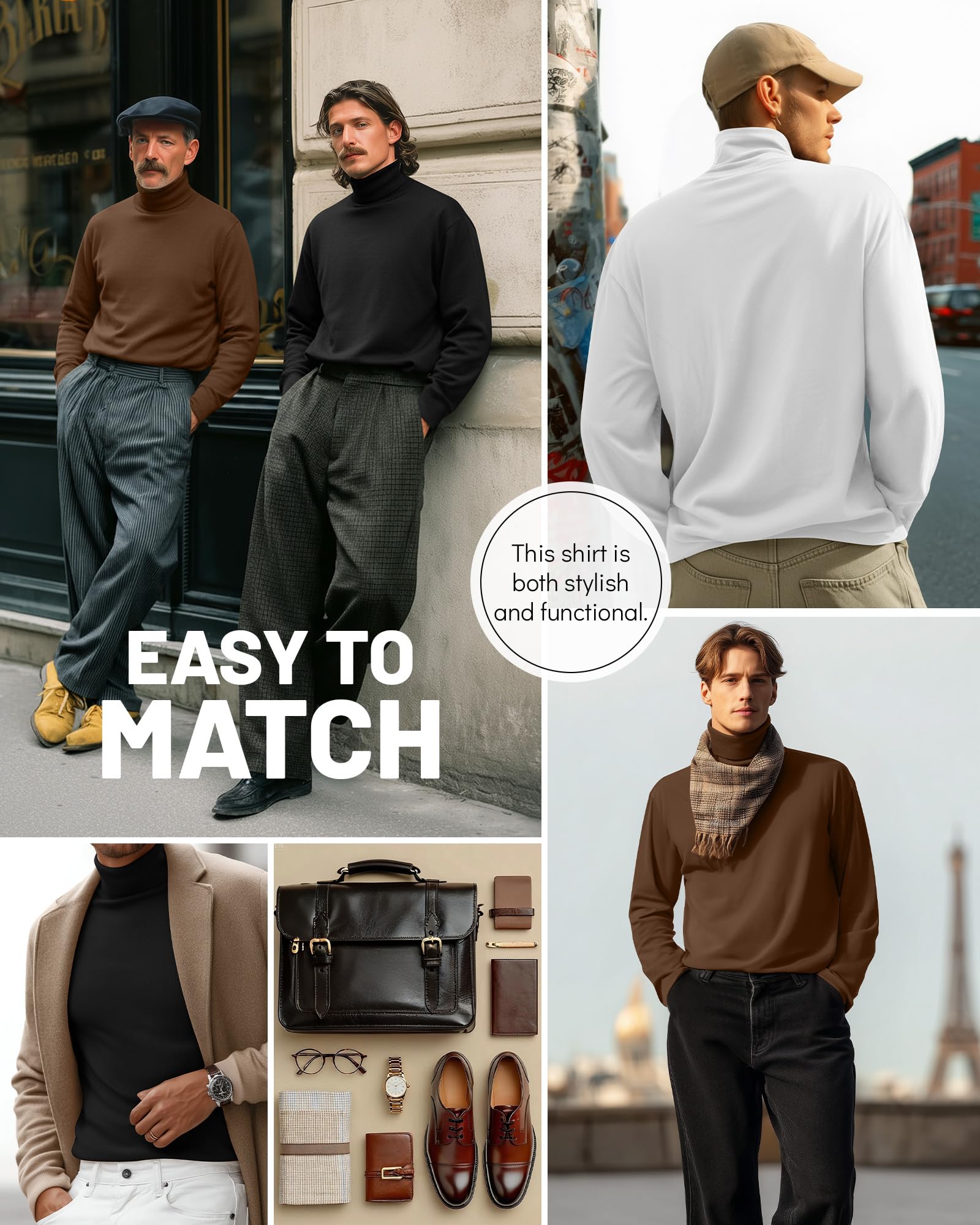 Ficerd 3 Pack Men's Big and Tall Turtleneck Shirts Cotton Long Sleeve Turtle Neck Tops Plus Size Loose Fit Basic Tee(Black, White, Brown,5X-Large)