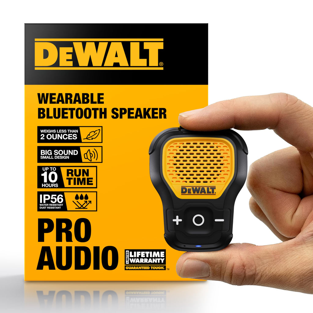 DEWALT Wearable Bluetooth Speaker (Updated Version), Clip-On Wireless Jobsite Pro Water-Resistant Portable Speaker (Non-Magnetic), Built-in Mic for Hands-Free Music/Calls, Bluetooth Speaker (Yellow)