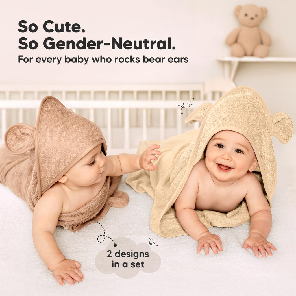 KeaBabies 2-Pack Hooded Baby Towels for Newborn - 30x30 Soft & Absorbent Viscose from Bamboo Baby Bath Towels with Hood for Infant, Toddler,Kids,Boys Girls,Newborn Bath Essentials (Almond, Petite)