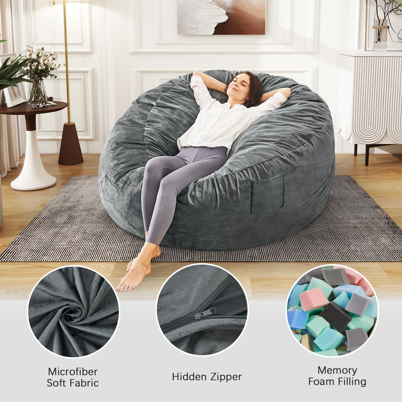 Bean Bag Chairs for Adults - Giant Bean Bag Chair Convertible Bean Bag Bed - Beanbag Chair with Micro Fiber Cover/Furniture Foam Filler - Floor Couch Sofa in Bedroom Dorm Room - Full Charcoal