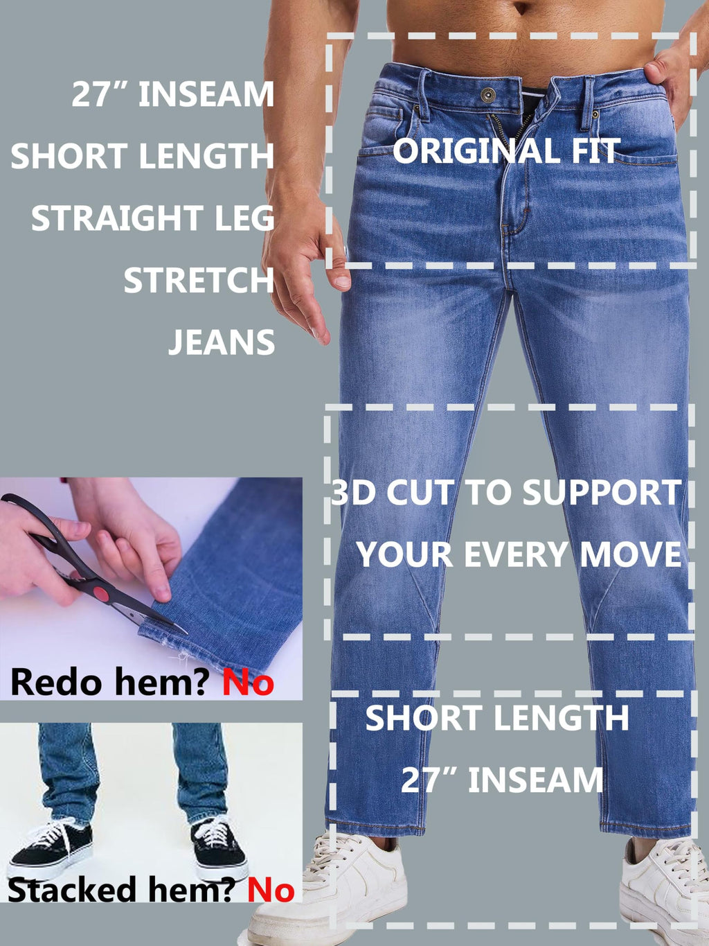 AbleTree Jeans for Short Men 27" Original Straight Taper Fit Short Length Casual Stretch Denim Pants AT01 Medium Blue