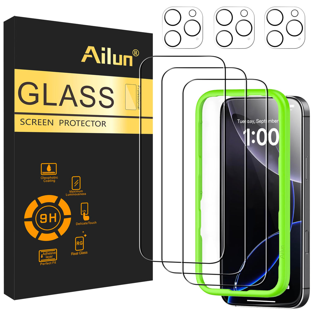 Ailun 3 Pack Screen Protector for iPhone 16 Pro [6.3 inch] + 3 Pack Camera Lens Protector with Installation Frame,Case Friendly Tempered Glass Film,[9H Hardness] - HD
