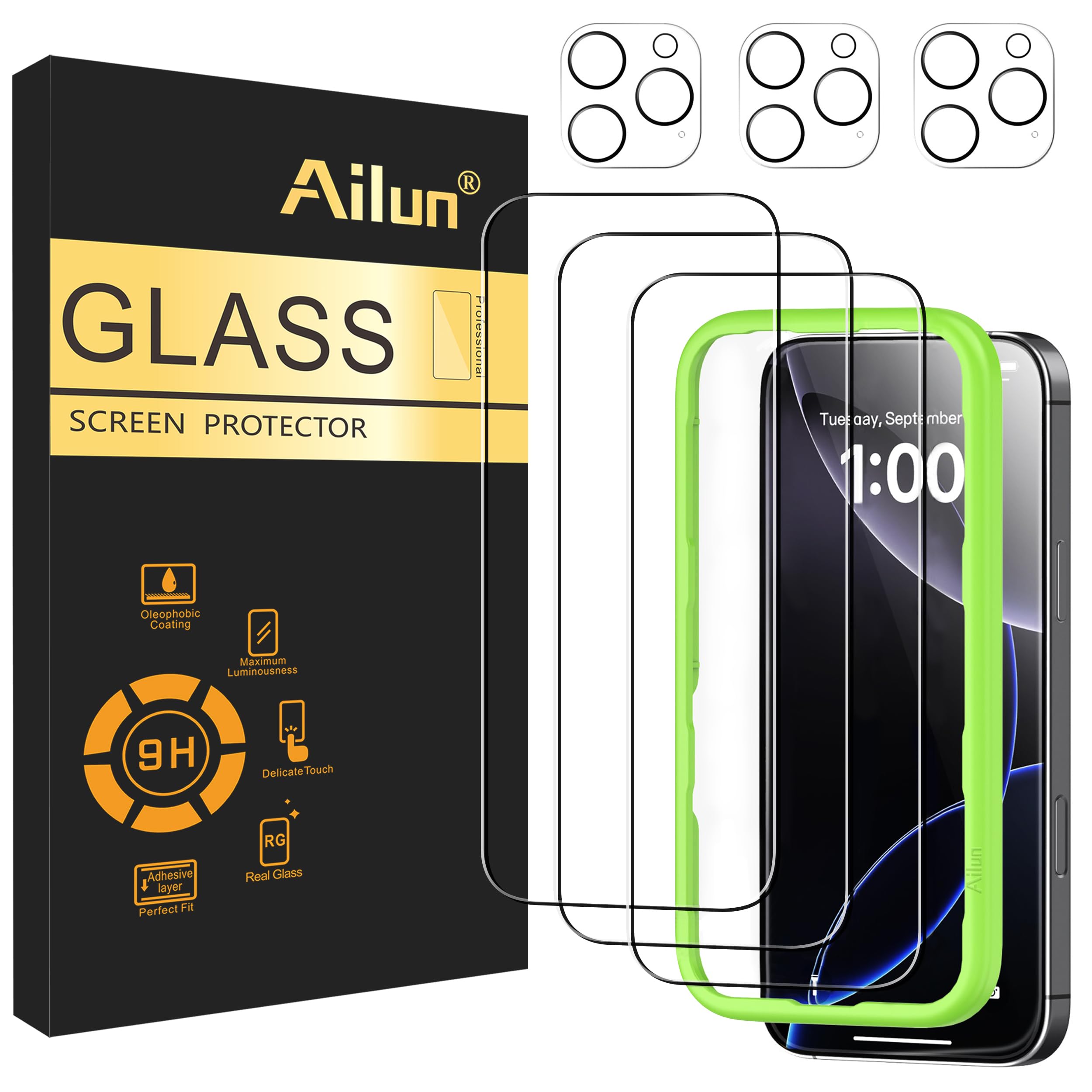Ailun 3 Pack Screen Protector for iPhone 16 Pro [6.3 inch] + 3 Pack Camera Lens Protector with Installation Frame,Case Friendly Tempered Glass Film,[9H Hardness] - HD