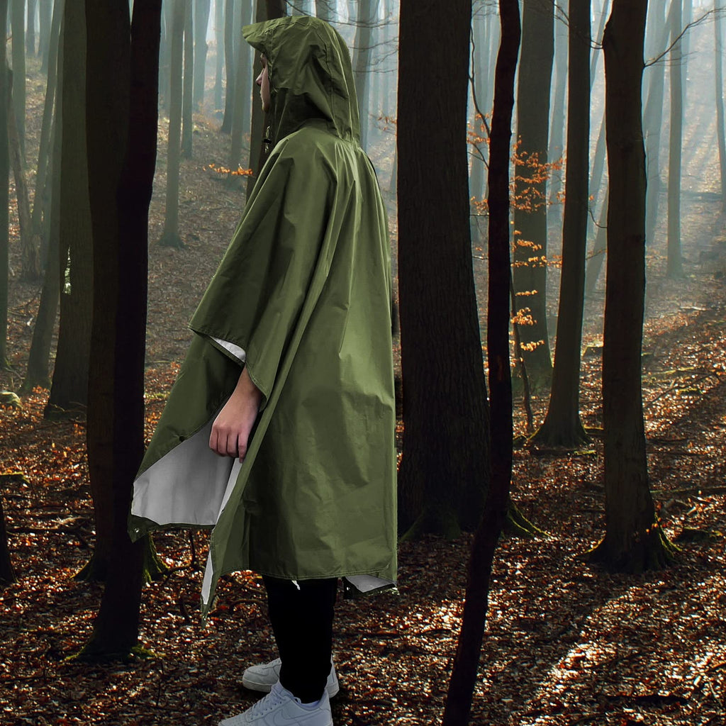 ANYOO Hooded Rain Poncho for Adults Waterproof Lightweight Rain Coats for Men Women Reusable Rain Jacket for Emergency Camping Outdoor Activities(Army Green) One Size