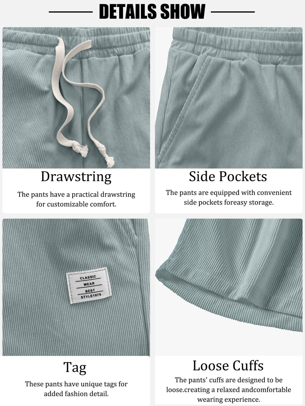 PLEPAN Mens Corduroy Shorts Casual 7 Inch Inseam Elastic Waist Drawstring Summer Beach Short Light Blue X-Large