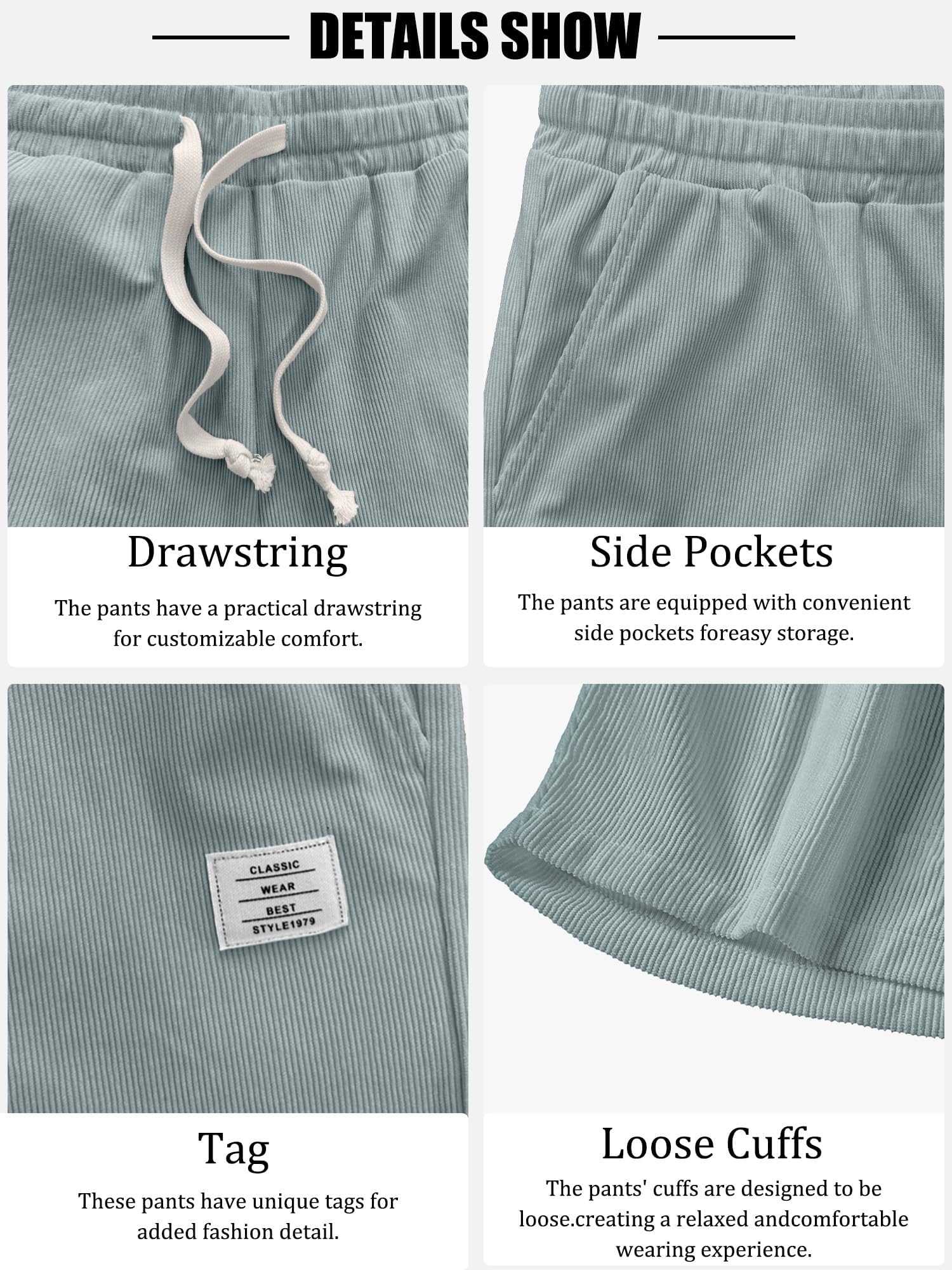 PLEPAN Mens Corduroy Shorts Casual 7 Inch Inseam Elastic Waist Drawstring Summer Beach Short Light Blue X-Large