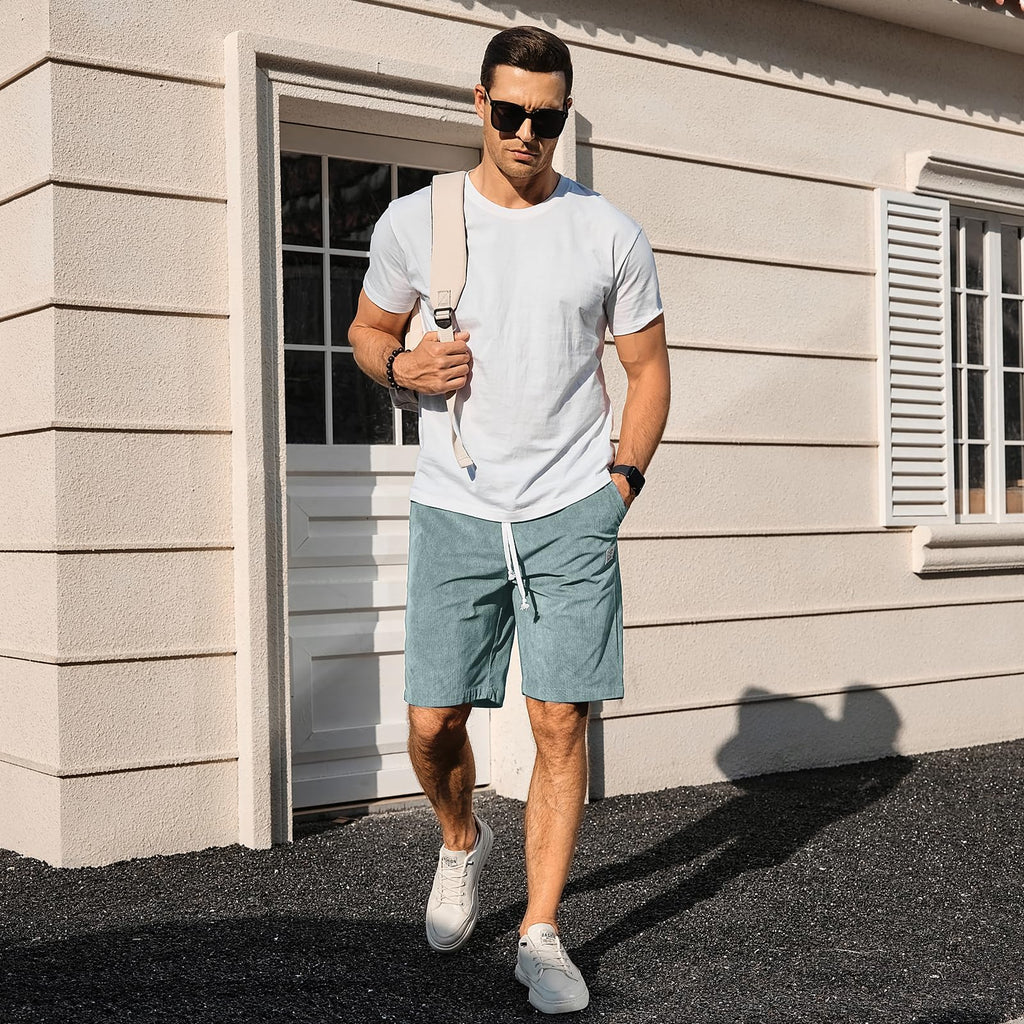 PLEPAN Mens Corduroy Shorts Casual 7 Inch Inseam Elastic Waist Drawstring Summer Beach Short Light Blue X-Large