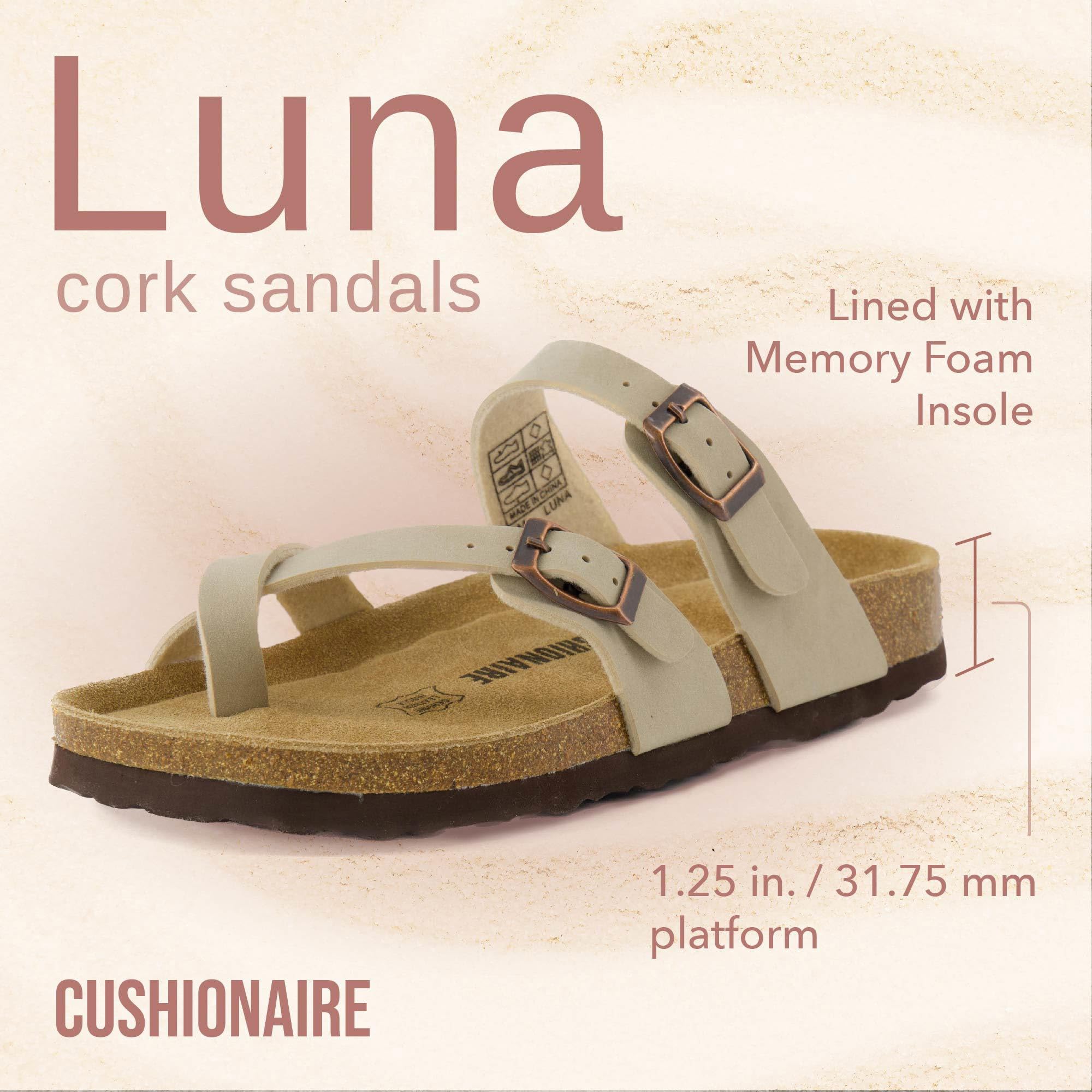 CUSHIONAIRE Luna Crossover Toe Strap Womens Sandals – Cork Footbed Slides with Adjustable Straps, Summer Sandals for Women 2025, STONE 7