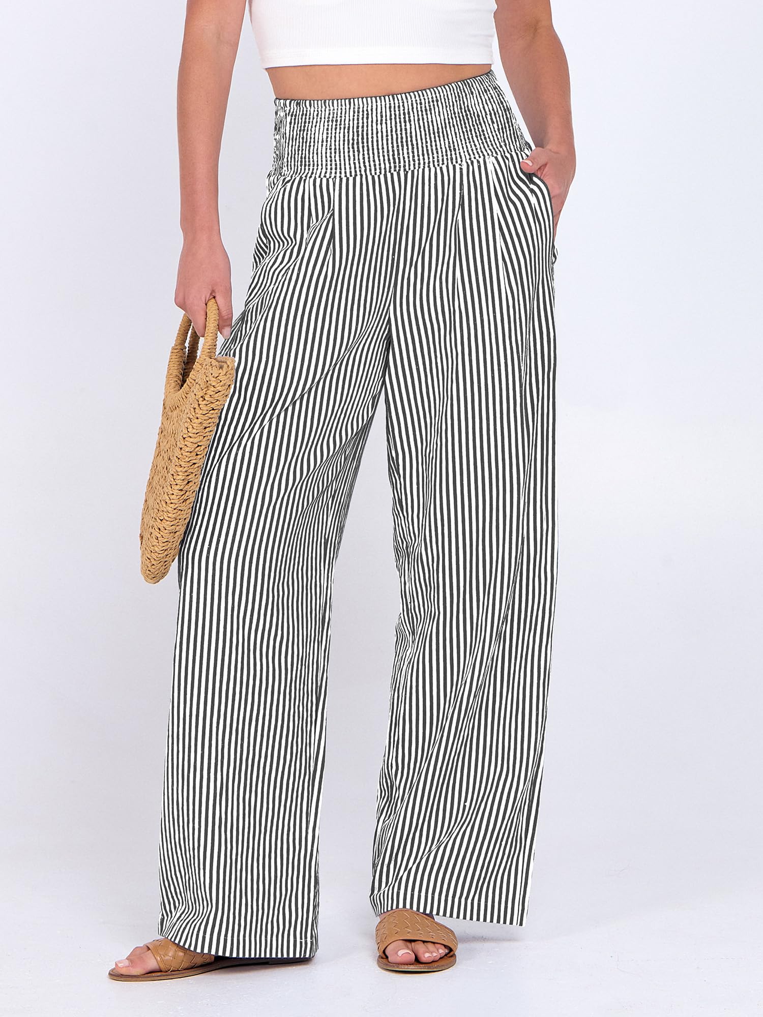 ANRABESS Womens Striped Gingham Palazzo Pants Wide Leg High Waisted Lounge Pajama Pants Cute Casual Trousers with Pockets Black White Stripe Medium